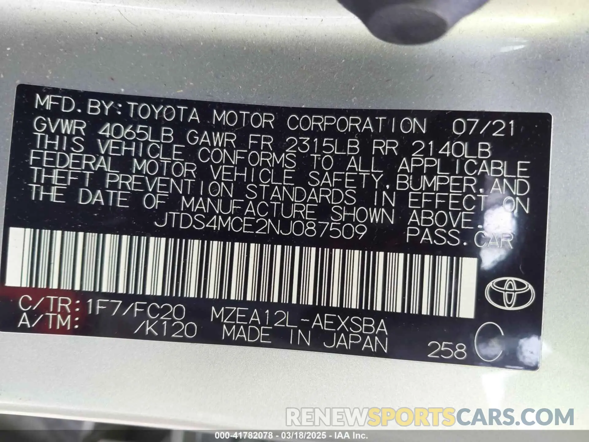 9 fotografías del automóvil dañado JTDS4MCE2NJ087509 TOYOTA COROLLA 2022