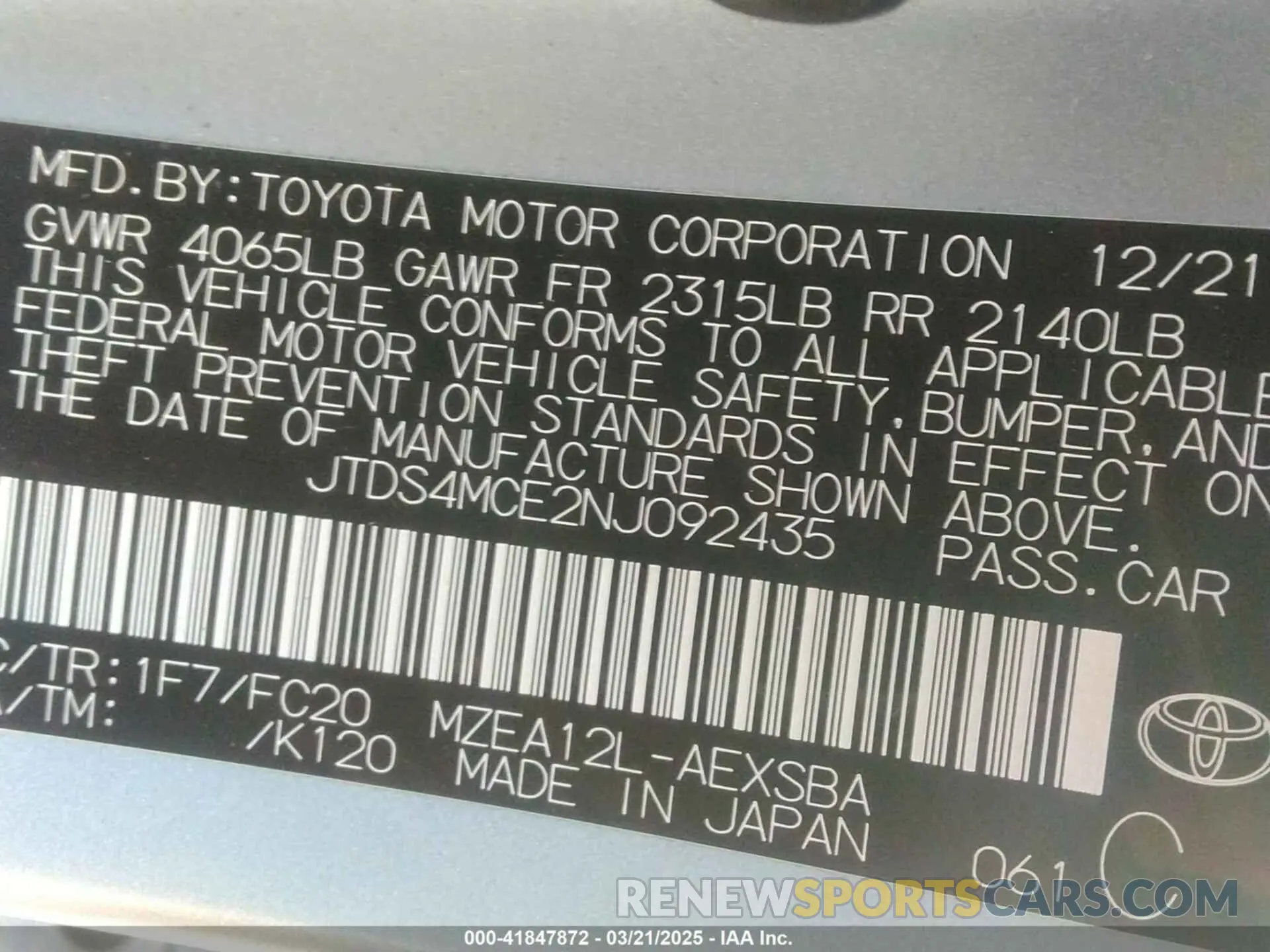 9 fotografías del automóvil dañado JTDS4MCE2NJ092435 TOYOTA COROLLA 2022