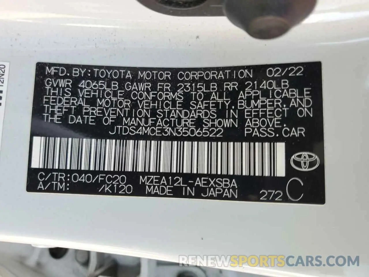 14 fotografías del automóvil dañado JTDS4MCE3N3506522 TOYOTA COROLLA 2022
