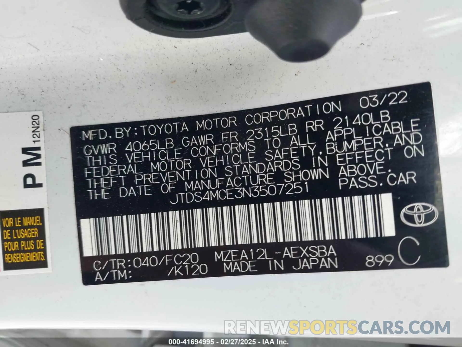 9 fotografías del automóvil dañado JTDS4MCE3N3507251 TOYOTA COROLLA 2022