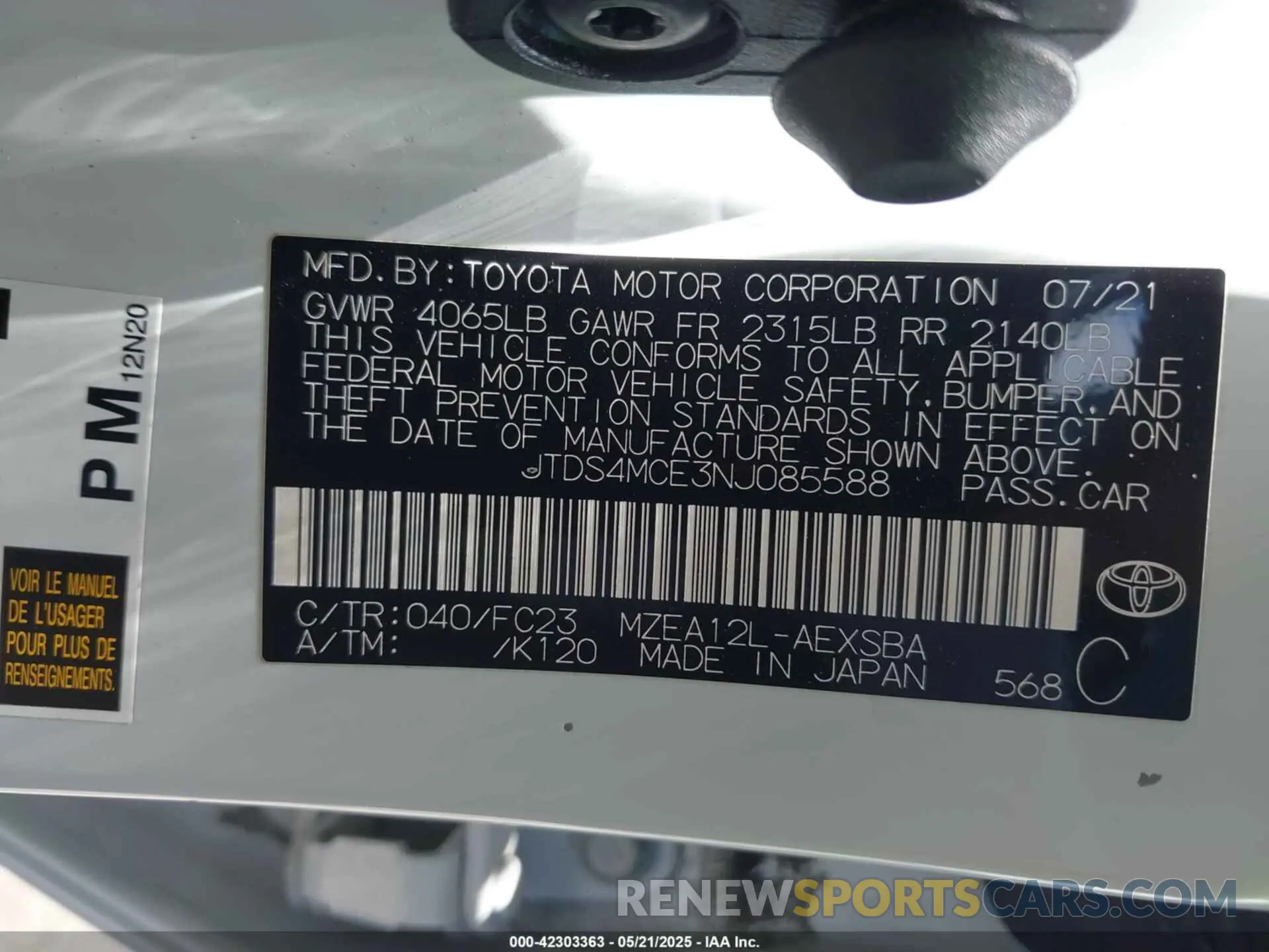 9 fotografías del automóvil dañado JTDS4MCE3NJ085588 TOYOTA COROLLA 2022