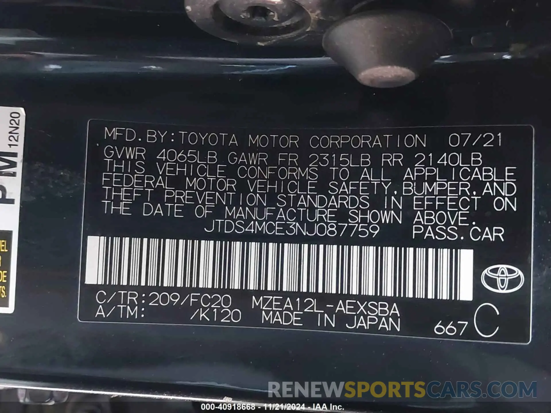 9 fotografías del automóvil dañado JTDS4MCE3NJ087759 TOYOTA COROLLA 2022
