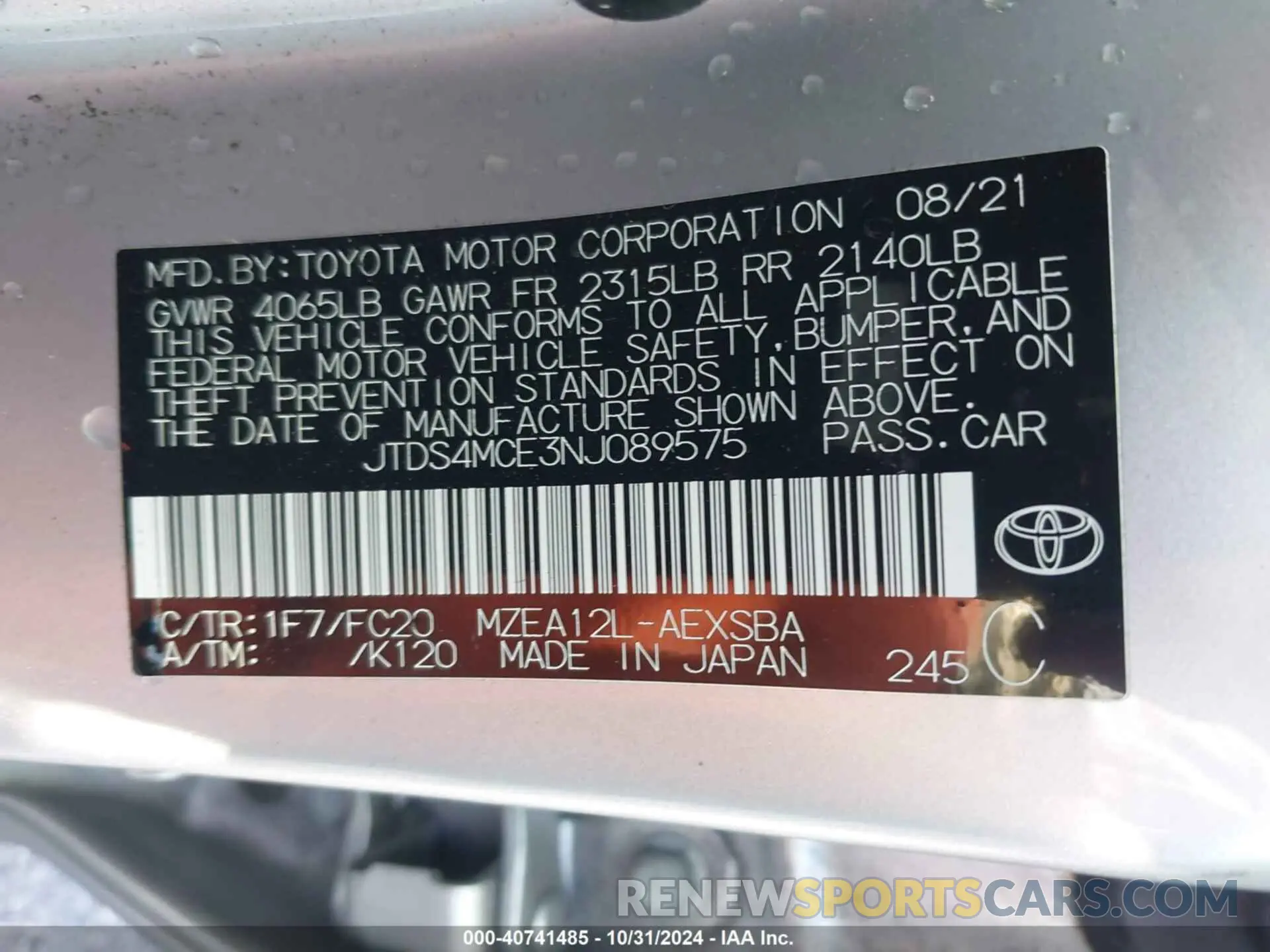 9 fotografías del automóvil dañado JTDS4MCE3NJ089575 TOYOTA COROLLA 2022