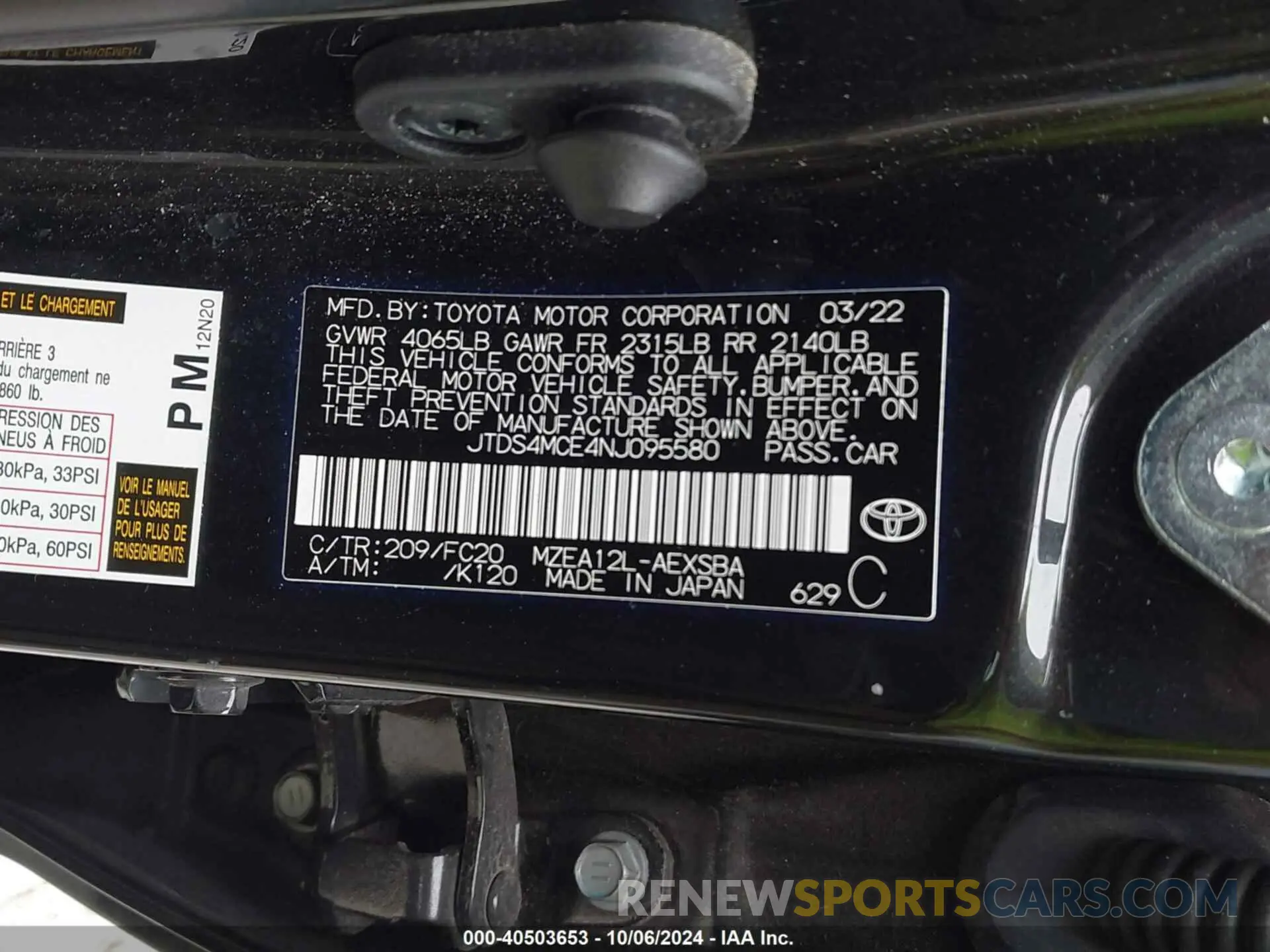 9 fotografías del automóvil dañado JTDS4MCE4NJ095580 TOYOTA COROLLA 2022