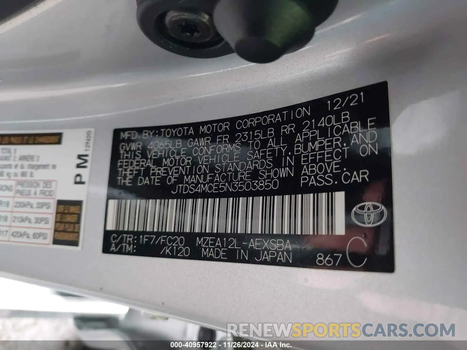 9 fotografías del automóvil dañado JTDS4MCE5N3503850 TOYOTA COROLLA 2022