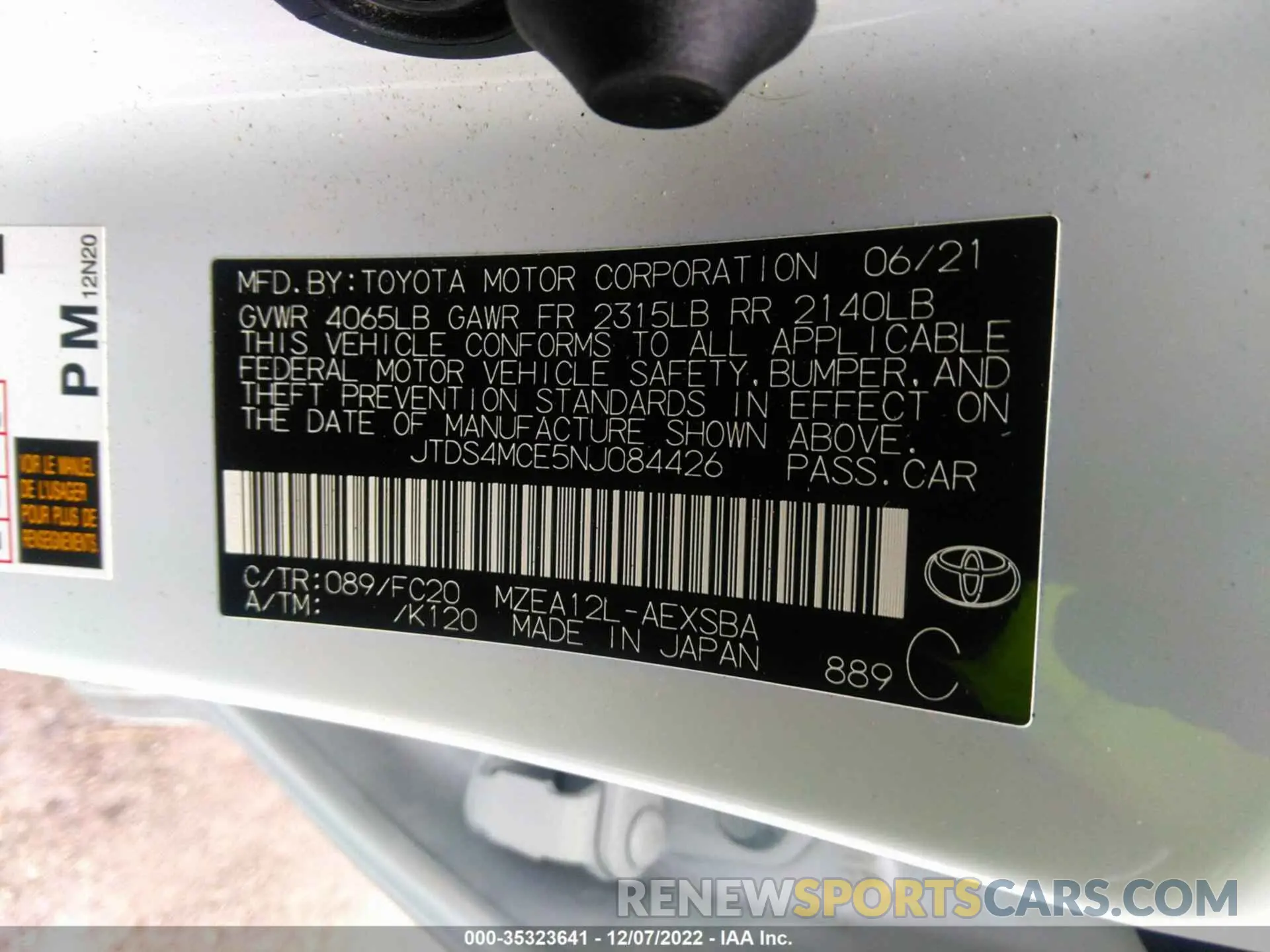 9 fotografías del automóvil dañado JTDS4MCE5NJ084426 TOYOTA COROLLA 2022