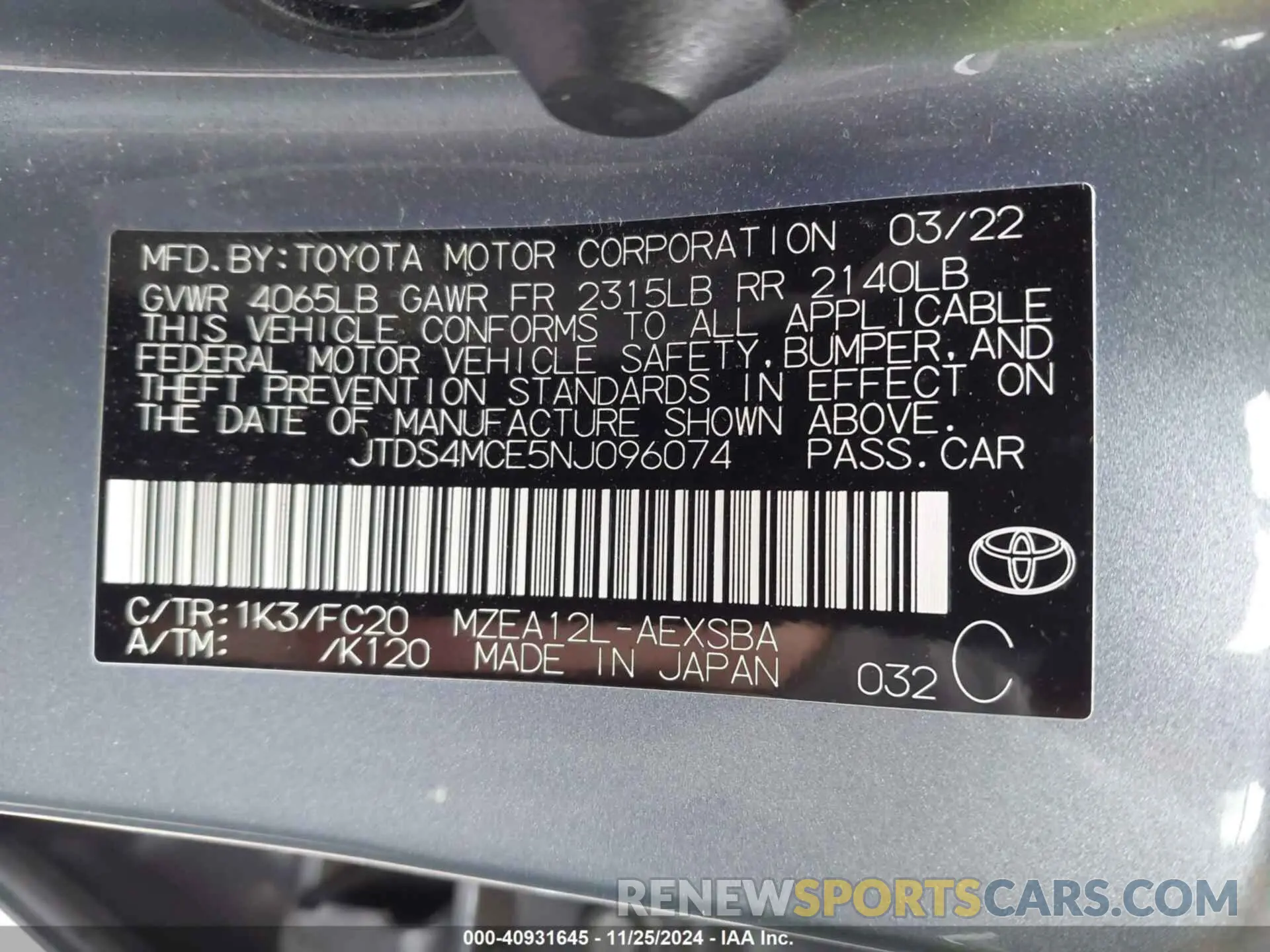 9 fotografías del automóvil dañado JTDS4MCE5NJ096074 TOYOTA COROLLA 2022
