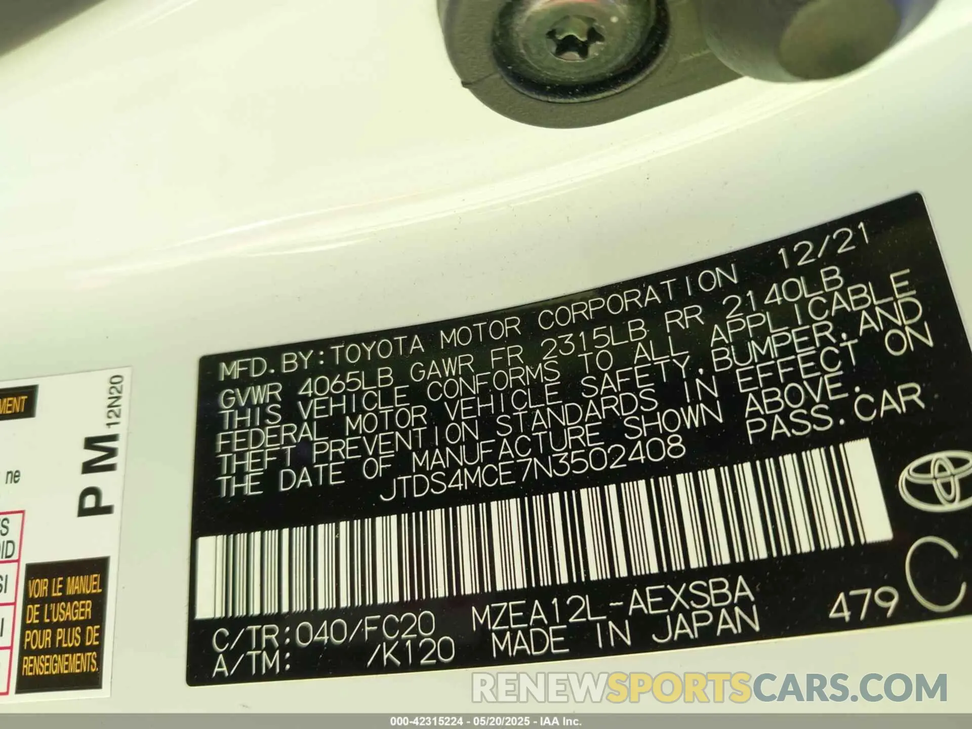 9 fotografías del automóvil dañado JTDS4MCE7N3502408 TOYOTA COROLLA 2022