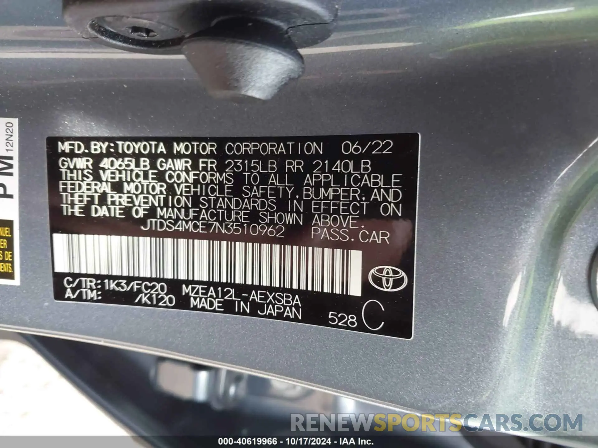 9 fotografías del automóvil dañado JTDS4MCE7N3510962 TOYOTA COROLLA 2022