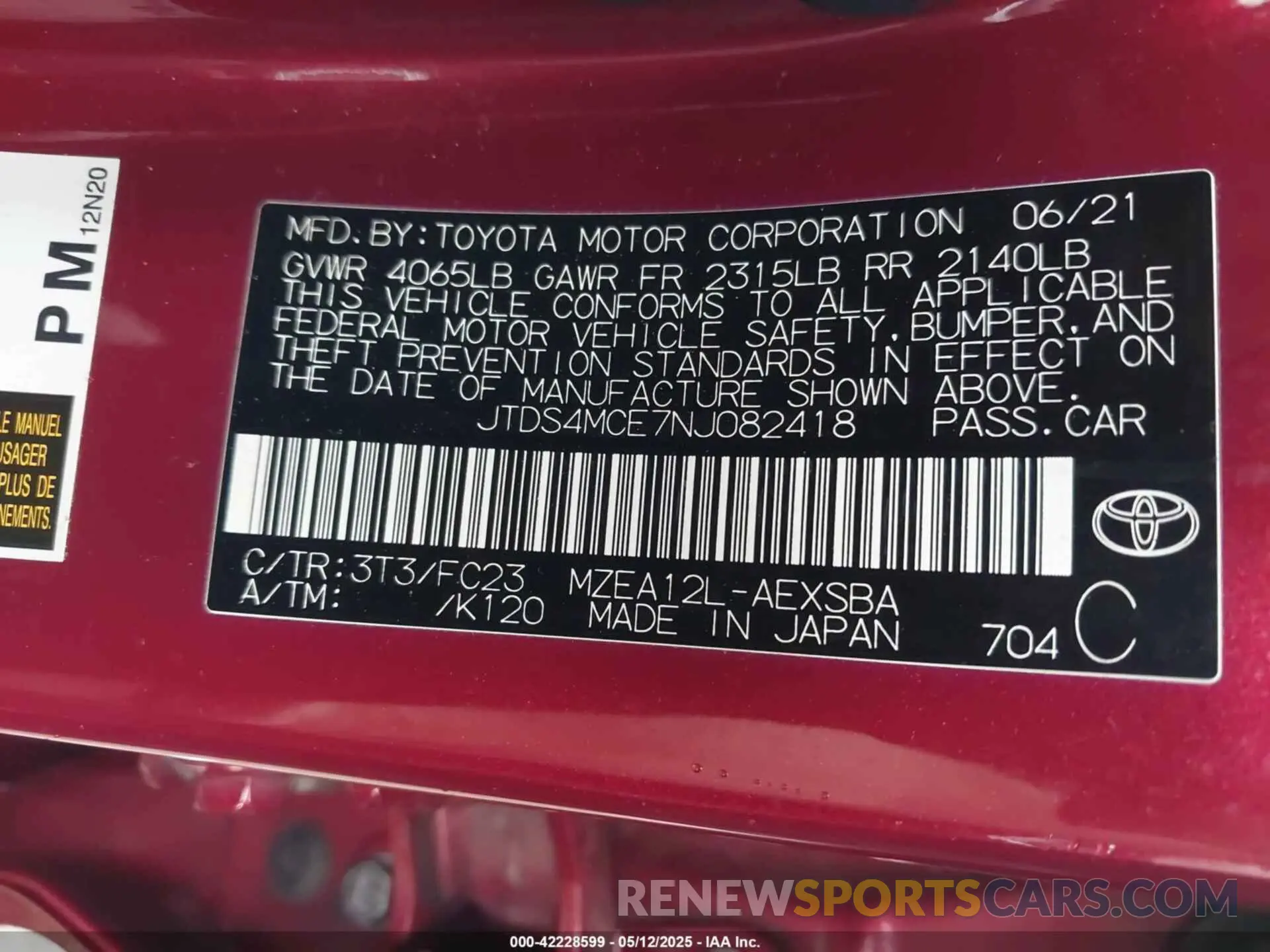 9 fotografías del automóvil dañado JTDS4MCE7NJ082418 TOYOTA COROLLA 2022