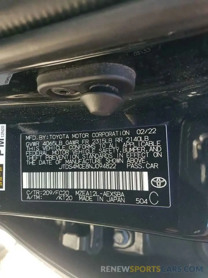 12 fotografías del automóvil dañado JTDS4MCE8NJ094822 TOYOTA COROLLA 2022