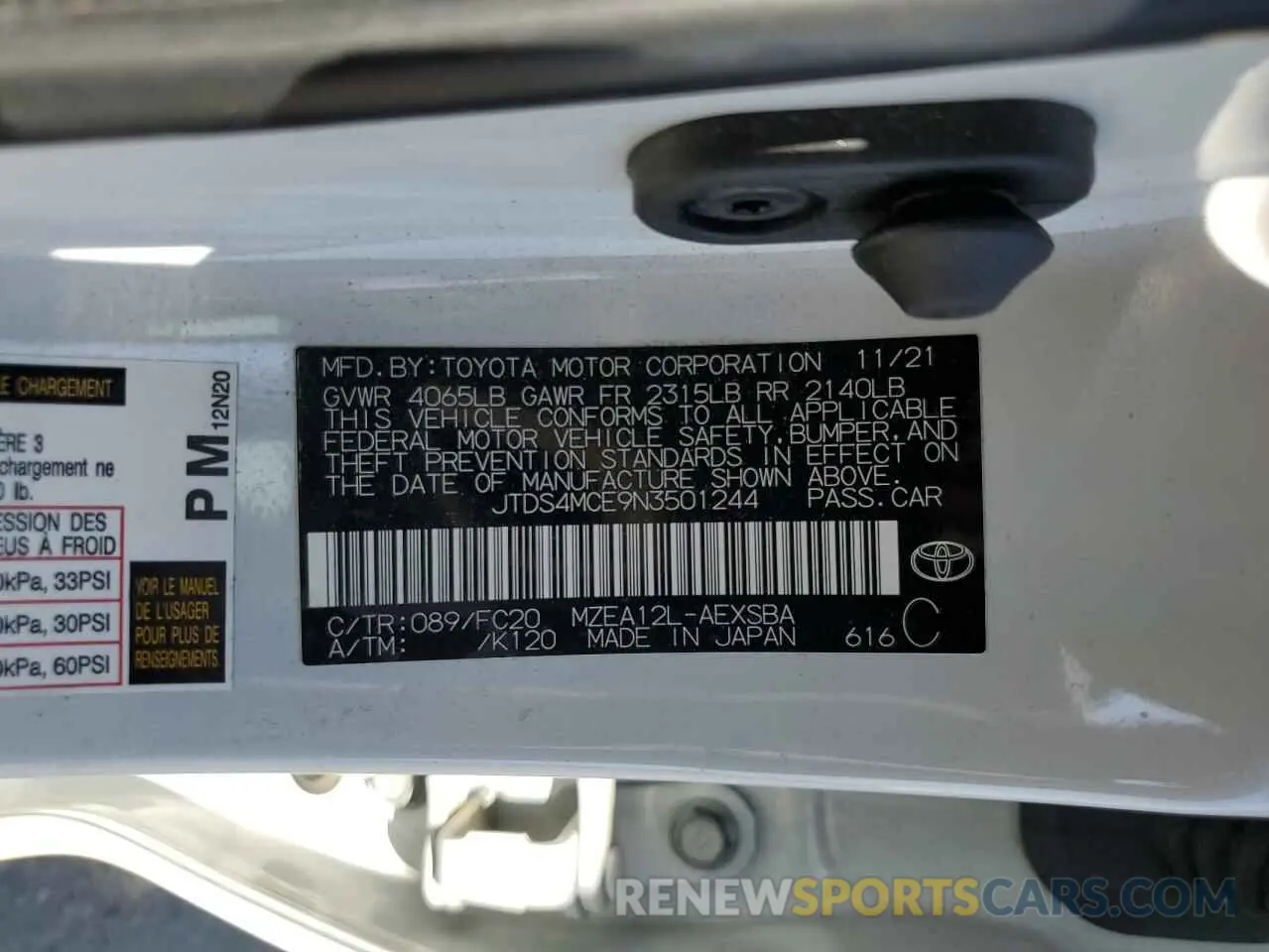 12 fotografías del automóvil dañado JTDS4MCE9N3501244 TOYOTA COROLLA 2022