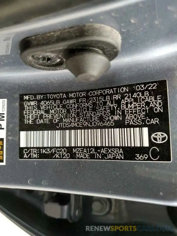 12 fotografías del automóvil dañado JTDS4MCE9NJ096465 TOYOTA COROLLA 2022