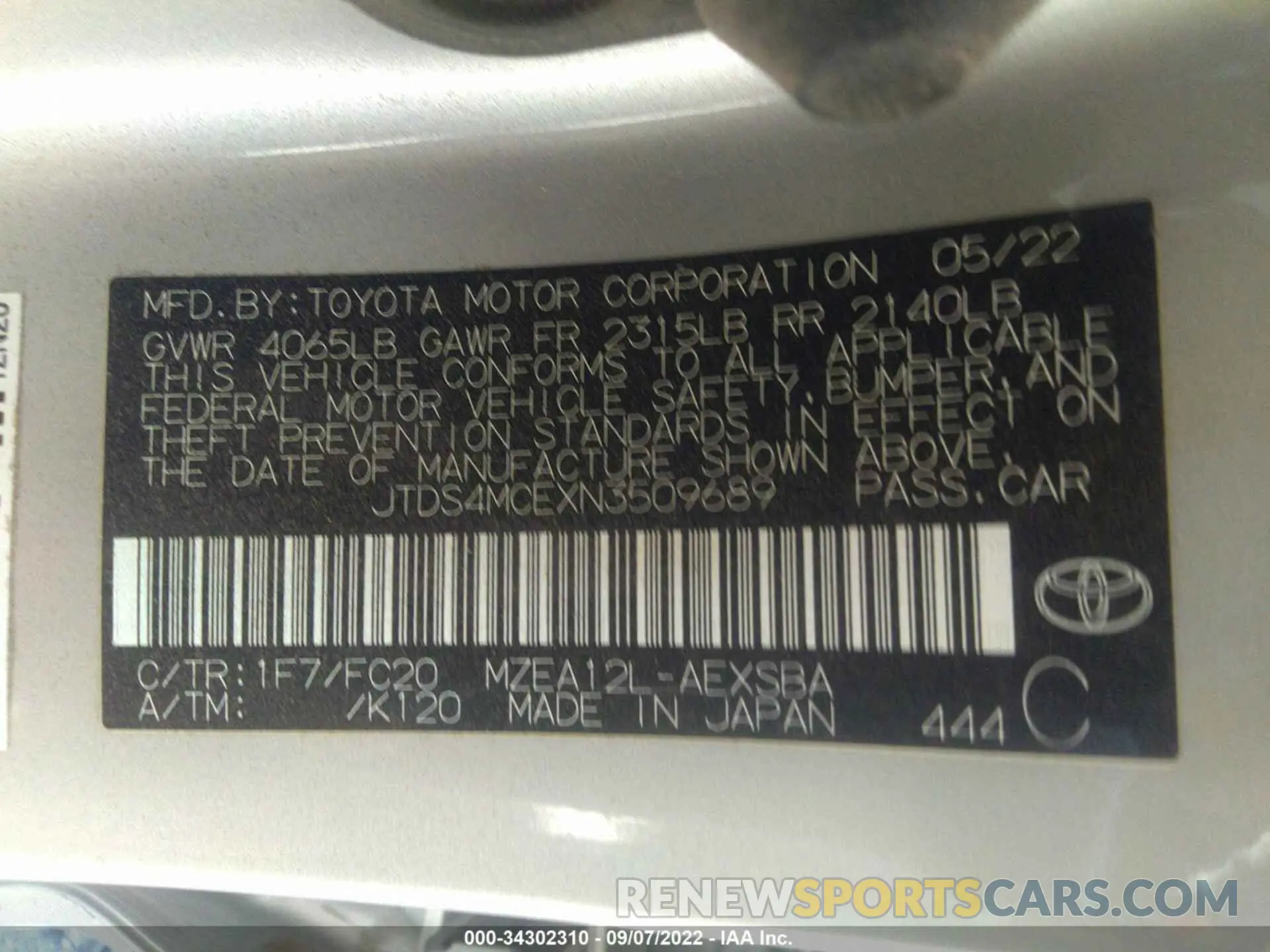 9 fotografías del automóvil dañado JTDS4MCEXN3509689 TOYOTA COROLLA 2022