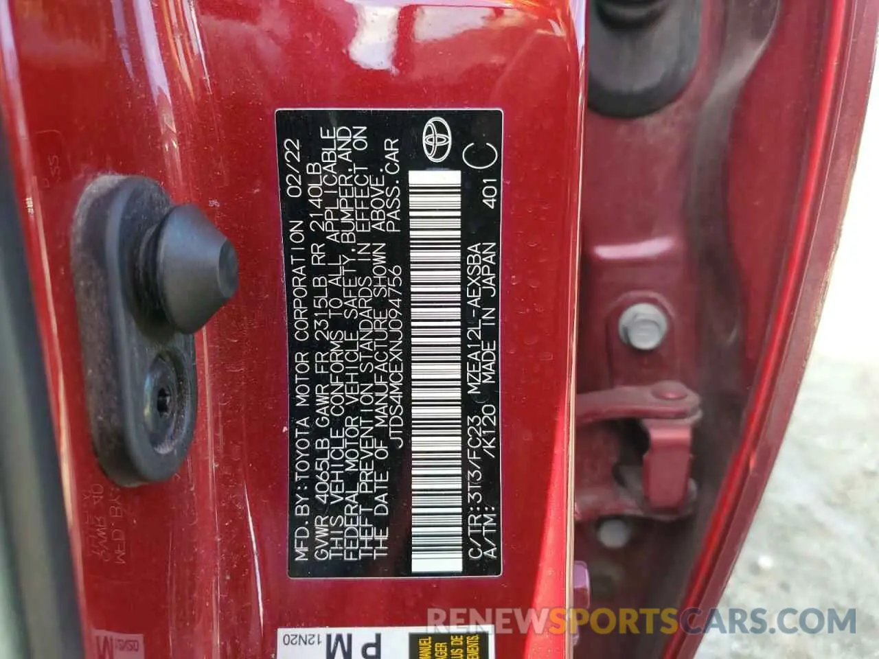12 fotografías del automóvil dañado JTDS4MCEXNJ094756 TOYOTA COROLLA 2022