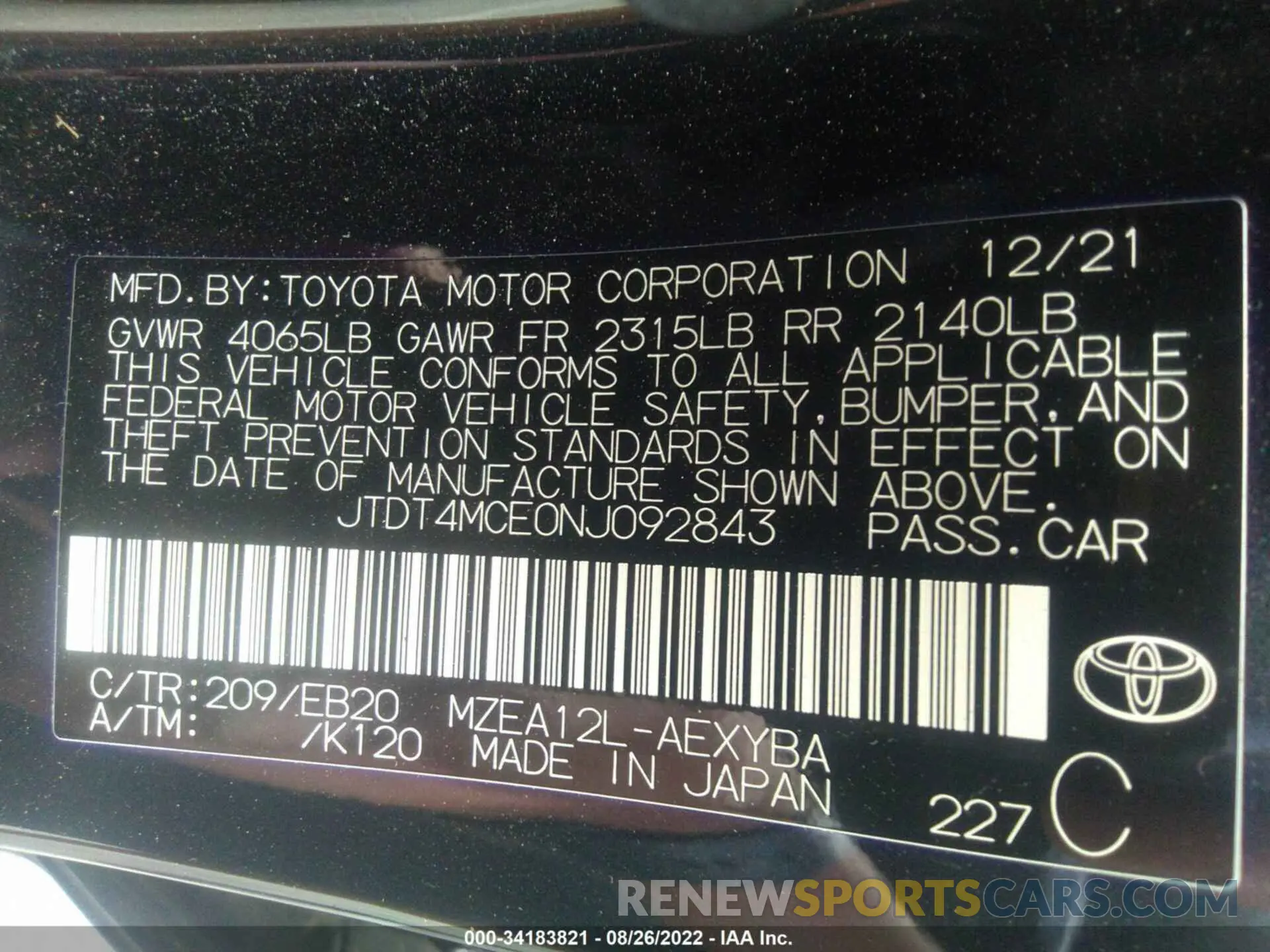 9 fotografías del automóvil dañado JTDT4MCE0NJ092843 TOYOTA COROLLA 2022