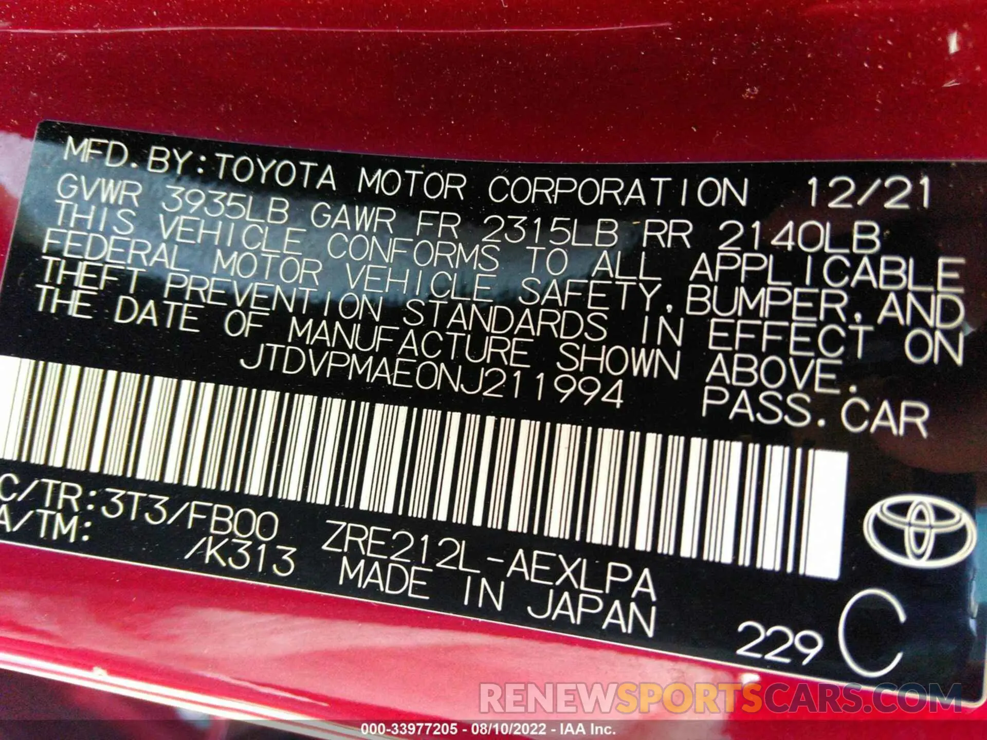 9 fotografías del automóvil dañado JTDVPMAE0NJ211994 TOYOTA COROLLA 2022