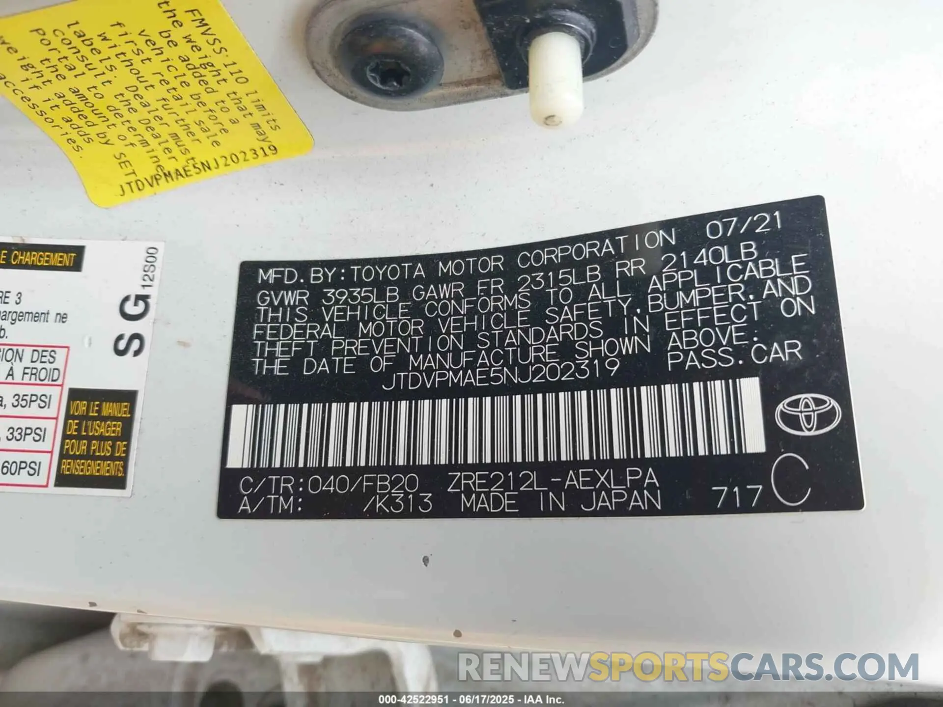 9 fotografías del automóvil dañado JTDVPMAE5NJ202319 TOYOTA COROLLA 2022