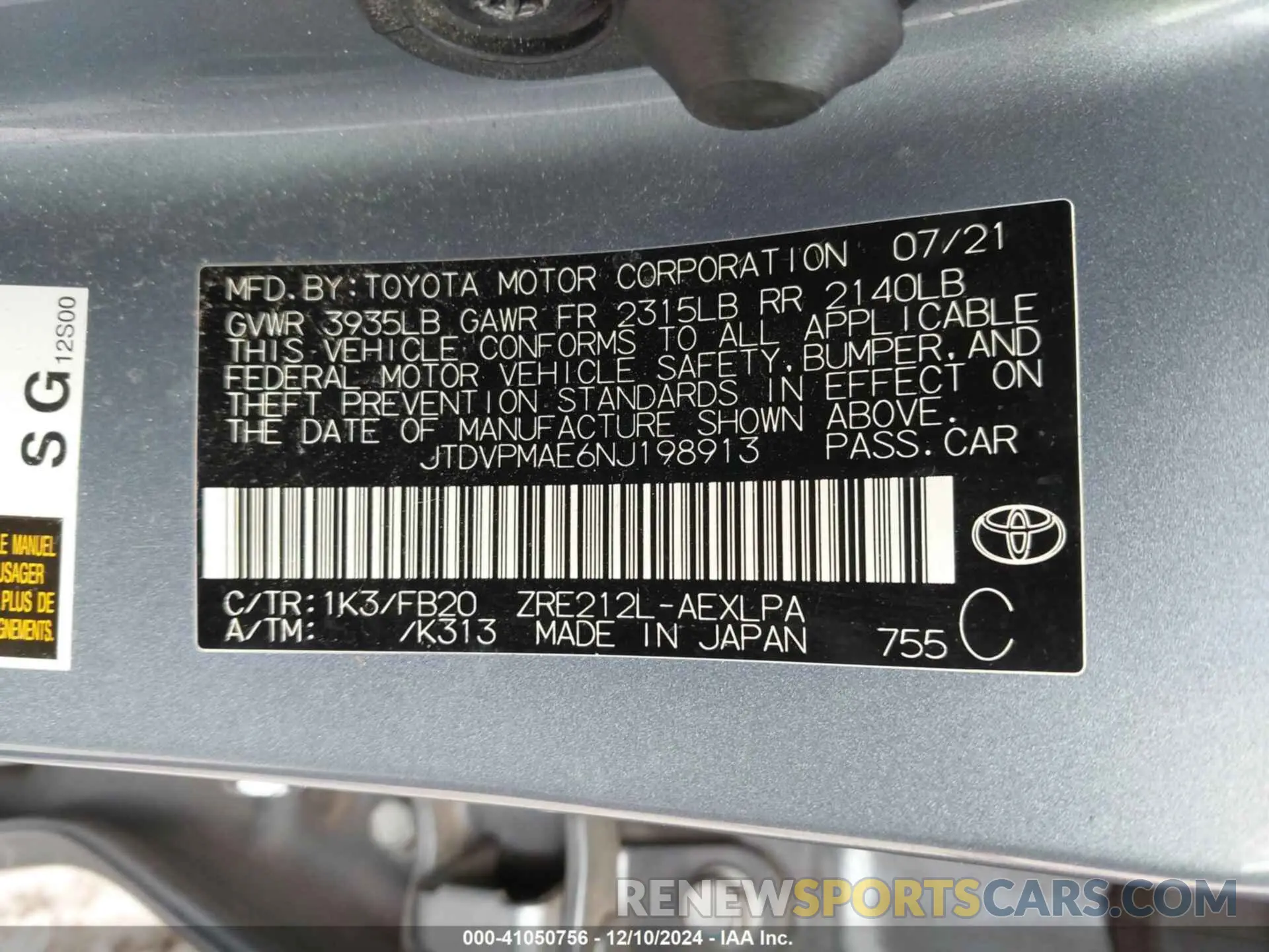 9 fotografías del automóvil dañado JTDVPMAE6NJ198913 TOYOTA COROLLA 2022