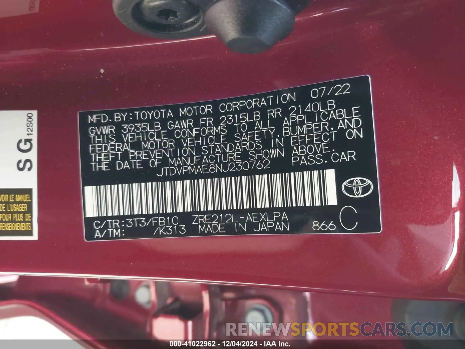 9 fotografías del automóvil dañado JTDVPMAE8NJ230762 TOYOTA COROLLA 2022