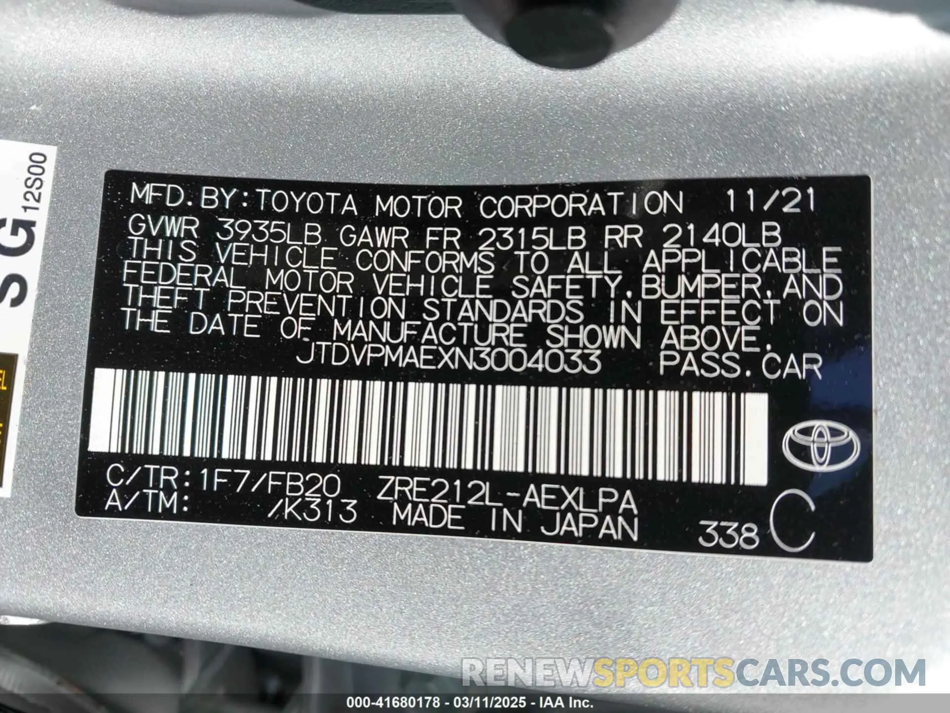 9 fotografías del automóvil dañado JTDVPMAEXN3004033 TOYOTA COROLLA 2022