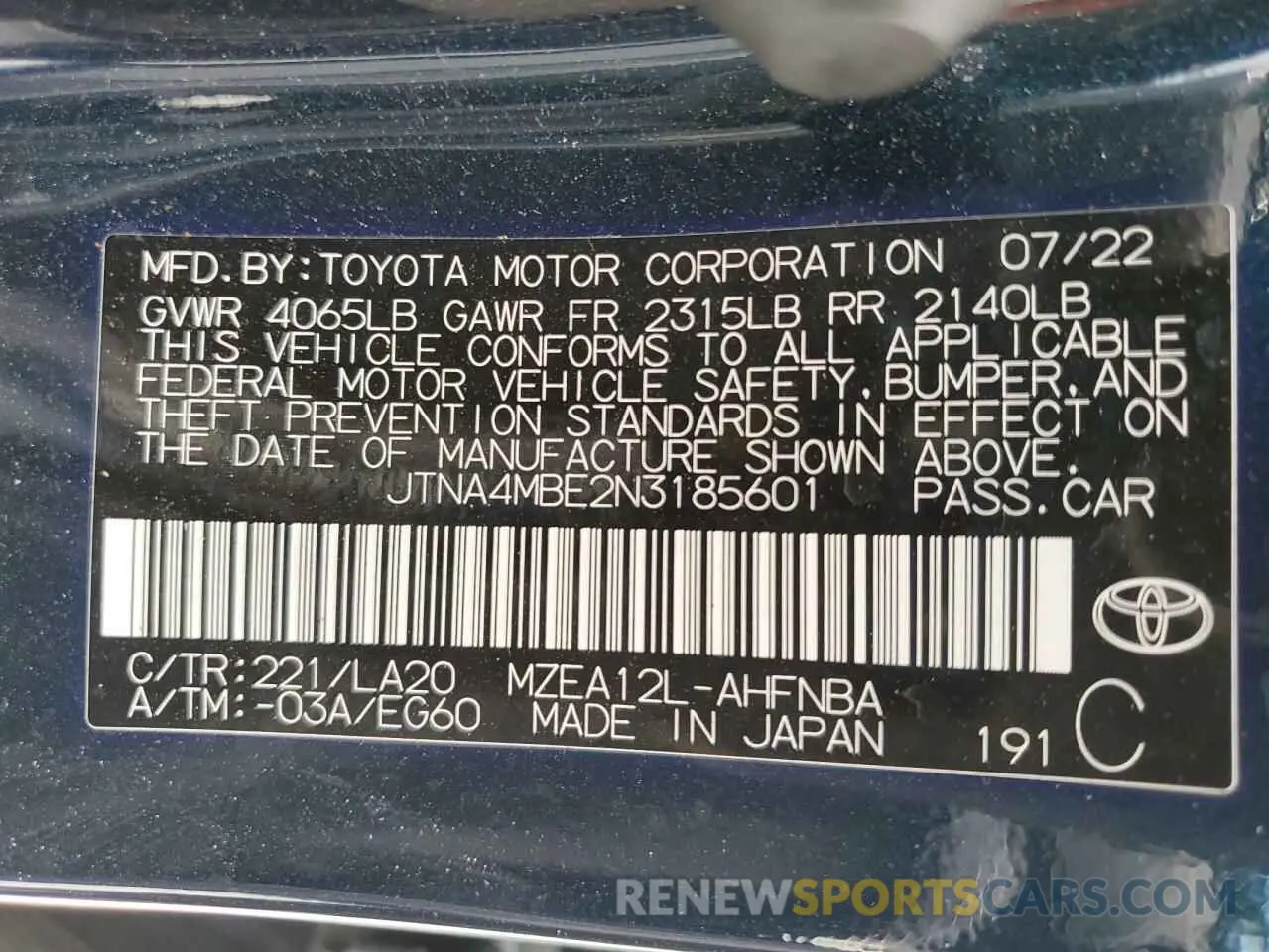 13 fotografías del automóvil dañado JTNA4MBE2N3185601 TOYOTA COROLLA 2022