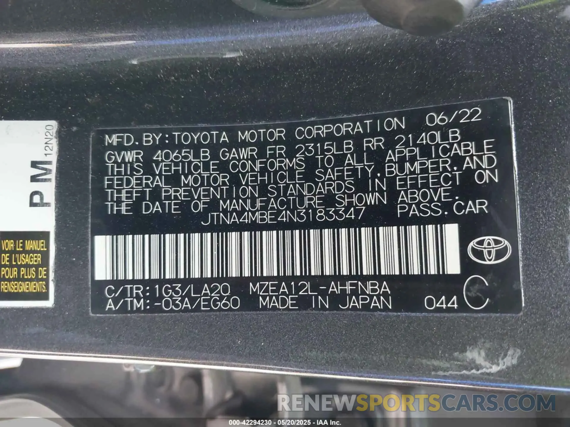 9 fotografías del automóvil dañado JTNA4MBE4N3183347 TOYOTA COROLLA 2022