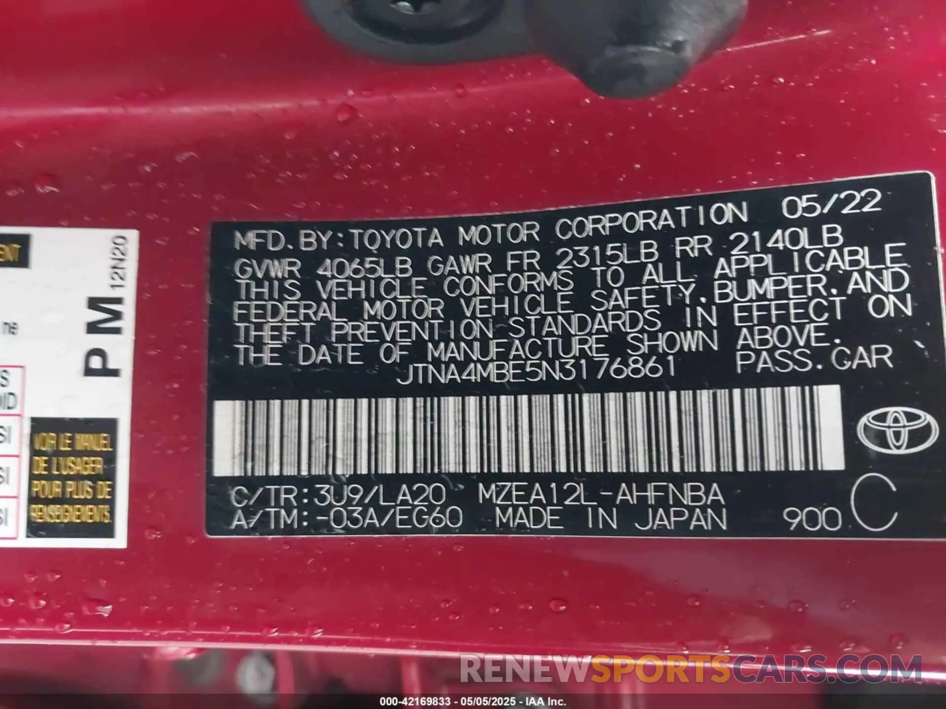 9 fotografías del automóvil dañado JTNA4MBE5N3176861 TOYOTA COROLLA 2022