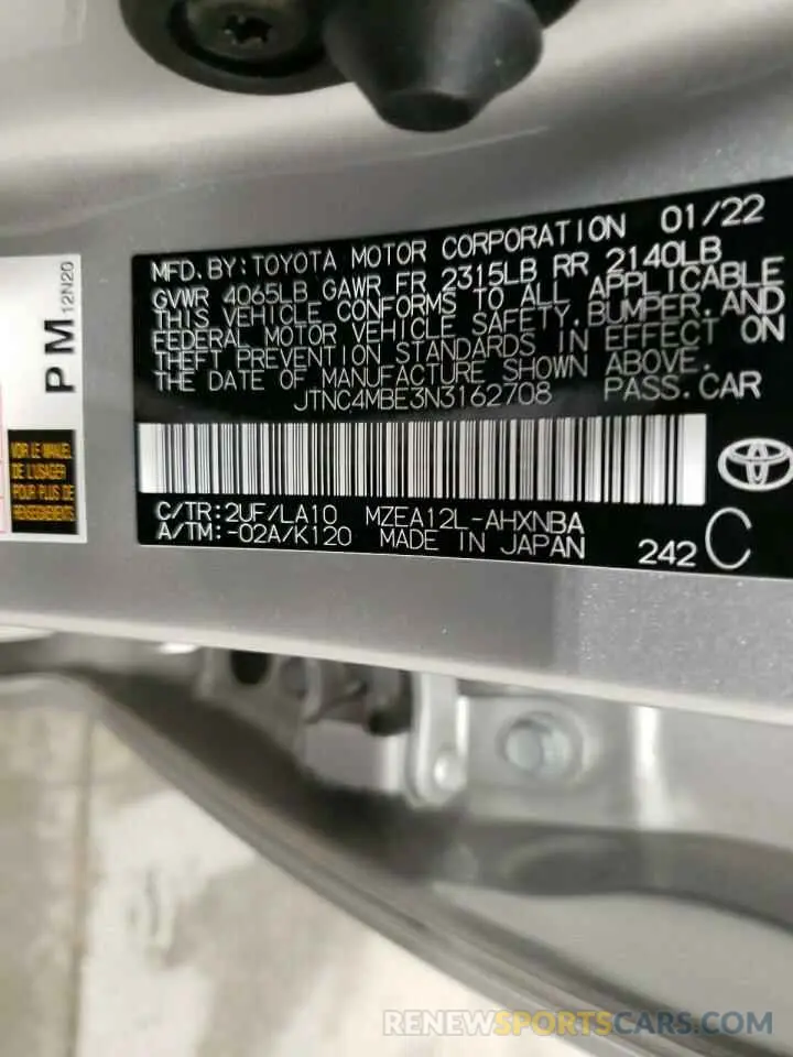 10 fotografías del automóvil dañado JTNC4MBE3N3162708 TOYOTA COROLLA 2022