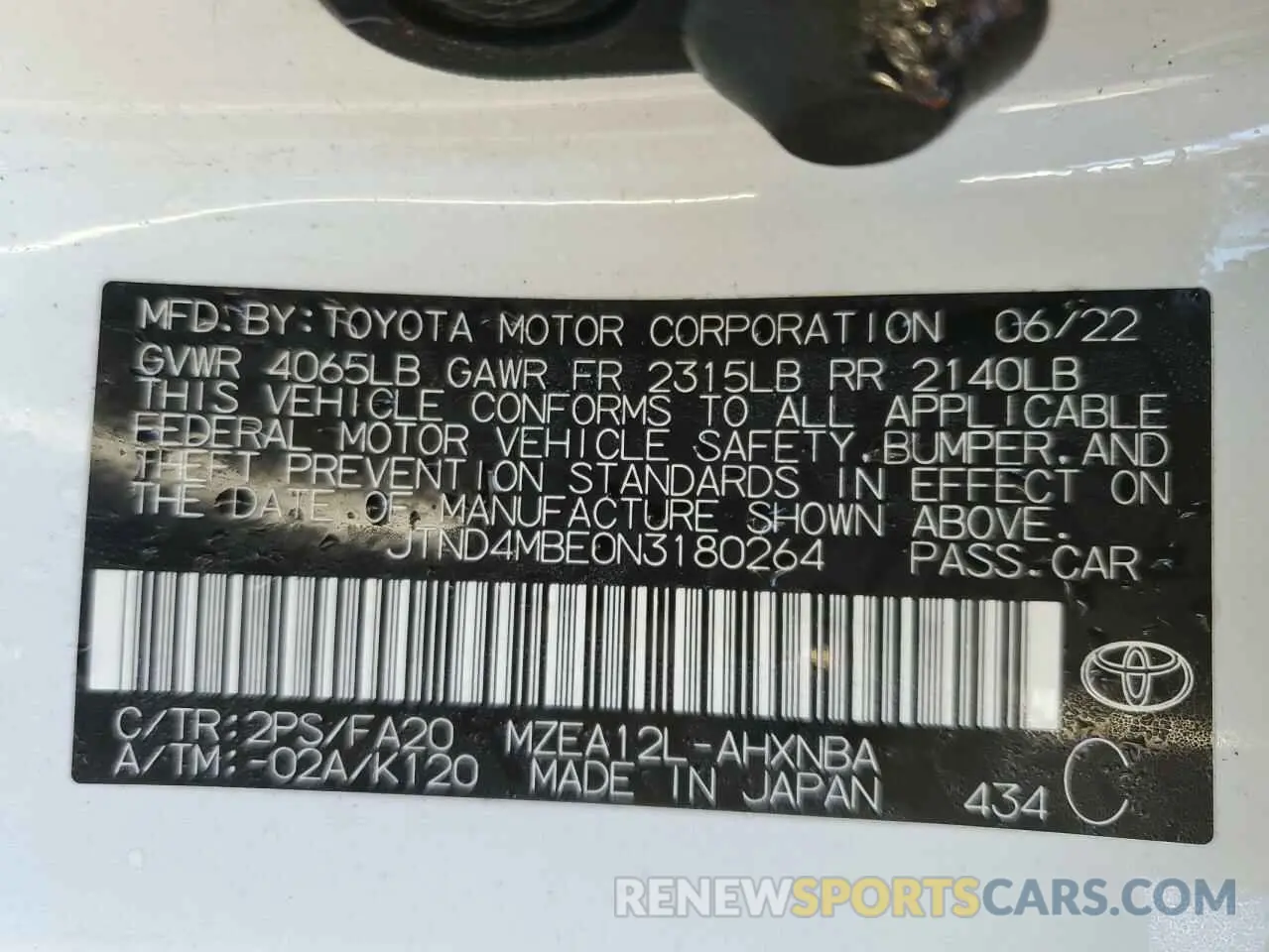 12 fotografías del automóvil dañado JTND4MBE0N3180264 TOYOTA COROLLA 2022