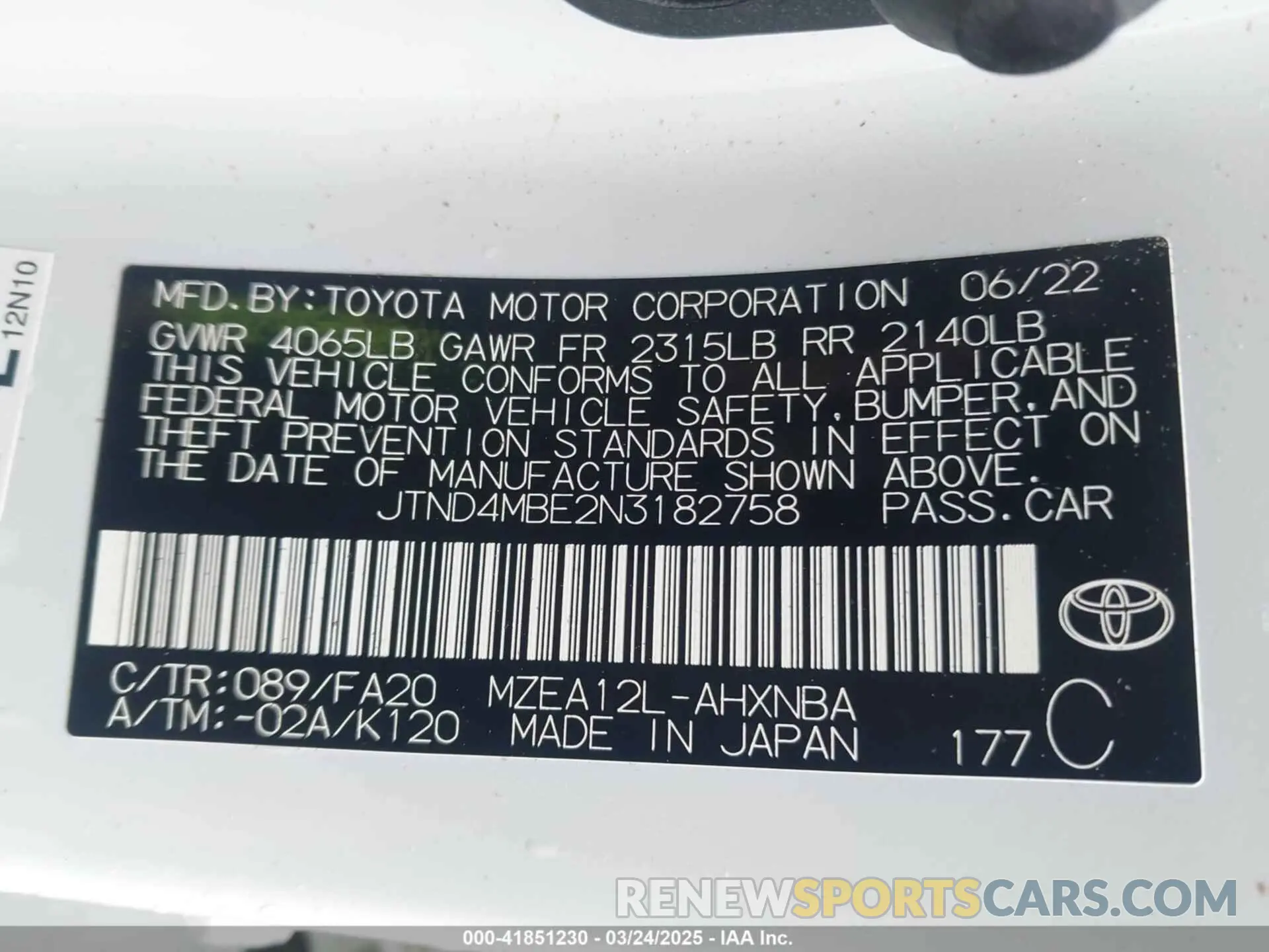 9 fotografías del automóvil dañado JTND4MBE2N3182758 TOYOTA COROLLA 2022