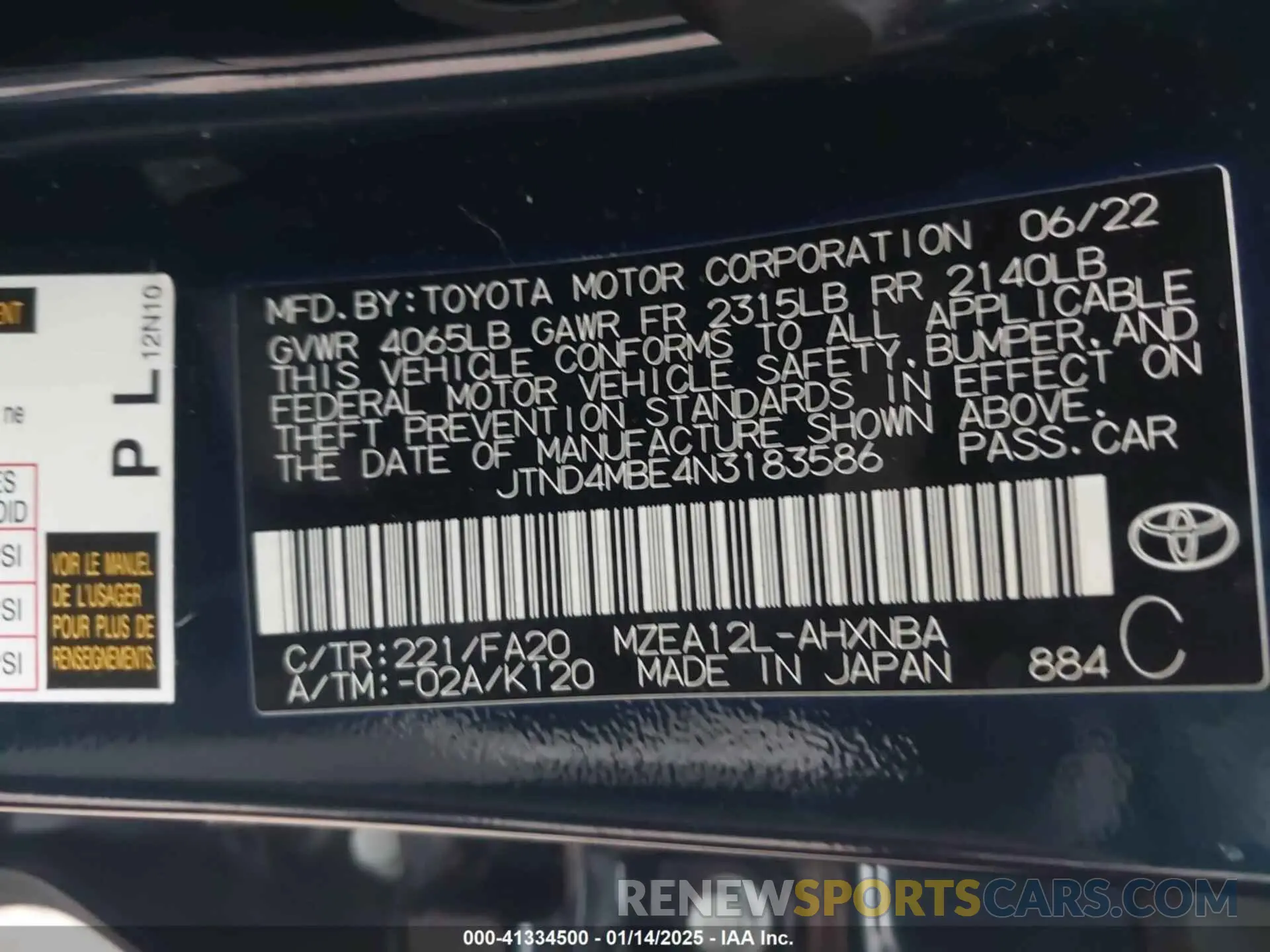 9 fotografías del automóvil dañado JTND4MBE4N3183586 TOYOTA COROLLA 2022