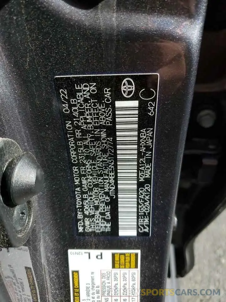 12 fotografías del automóvil dañado JTND4MBE5N3172774 TOYOTA COROLLA 2022