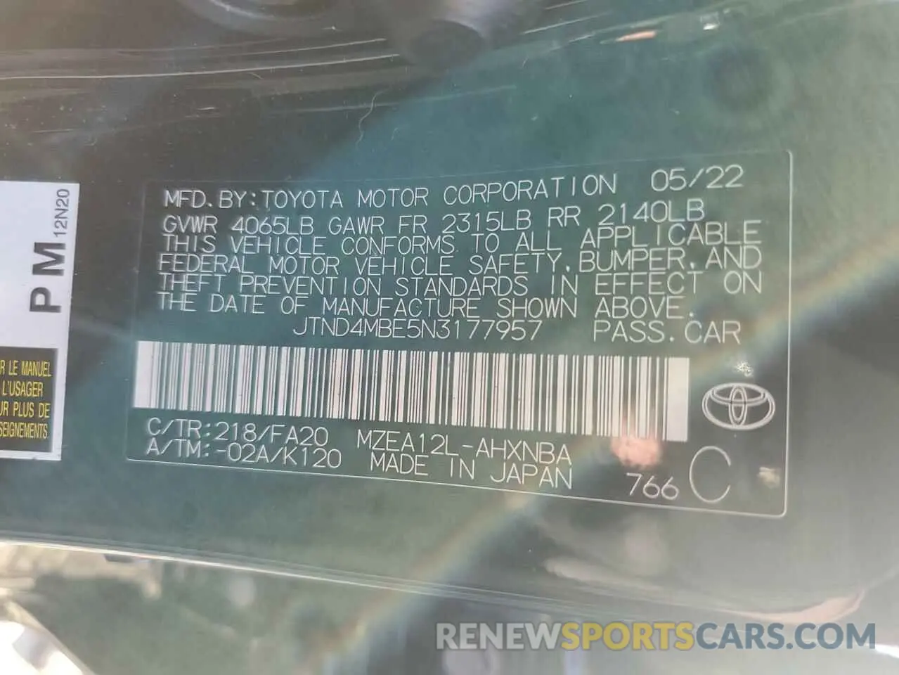 12 fotografías del automóvil dañado JTND4MBE5N3177957 TOYOTA COROLLA 2022