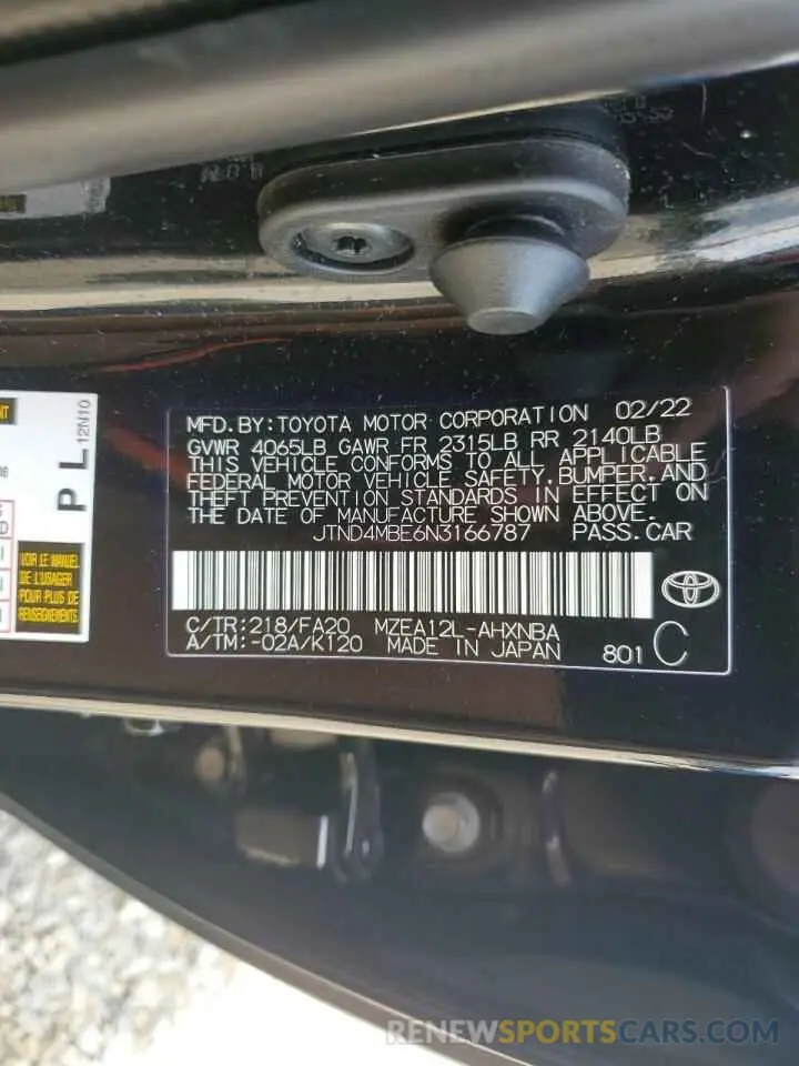 12 fotografías del automóvil dañado JTND4MBE6N3166787 TOYOTA COROLLA 2022