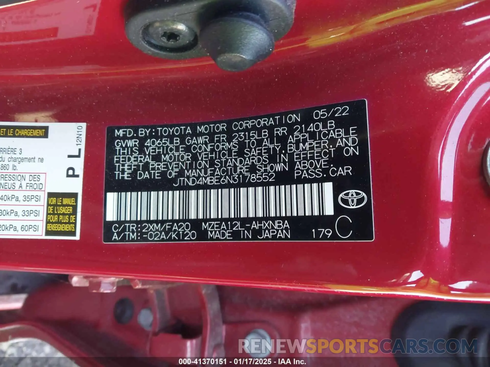 9 fotografías del automóvil dañado JTND4MBE6N3178552 TOYOTA COROLLA 2022