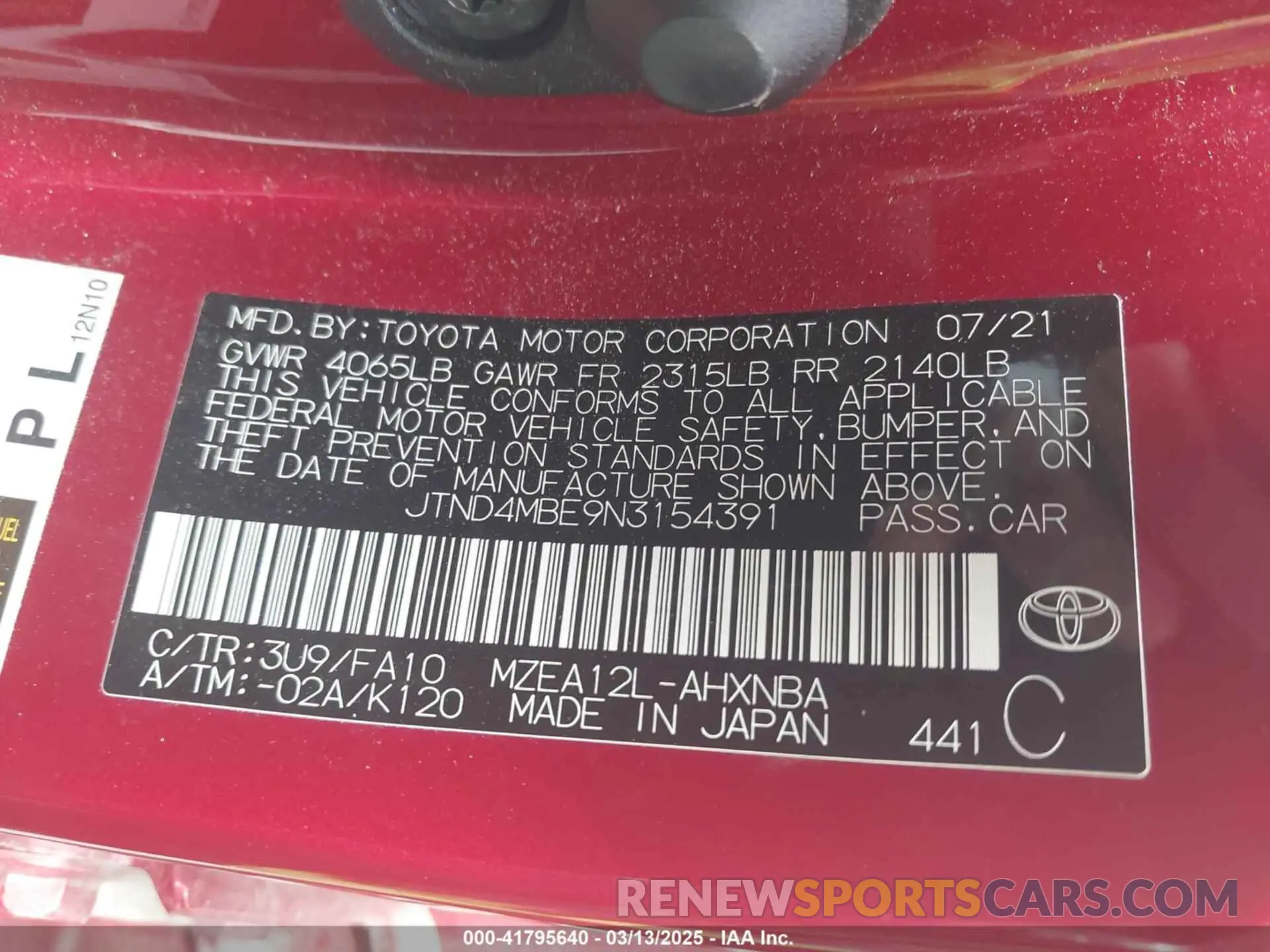 9 fotografías del automóvil dañado JTND4MBE9N3154391 TOYOTA COROLLA 2022
