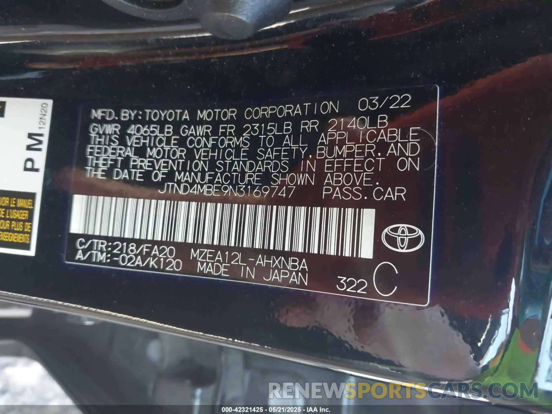 9 fotografías del automóvil dañado JTND4MBE9N3169747 TOYOTA COROLLA 2022