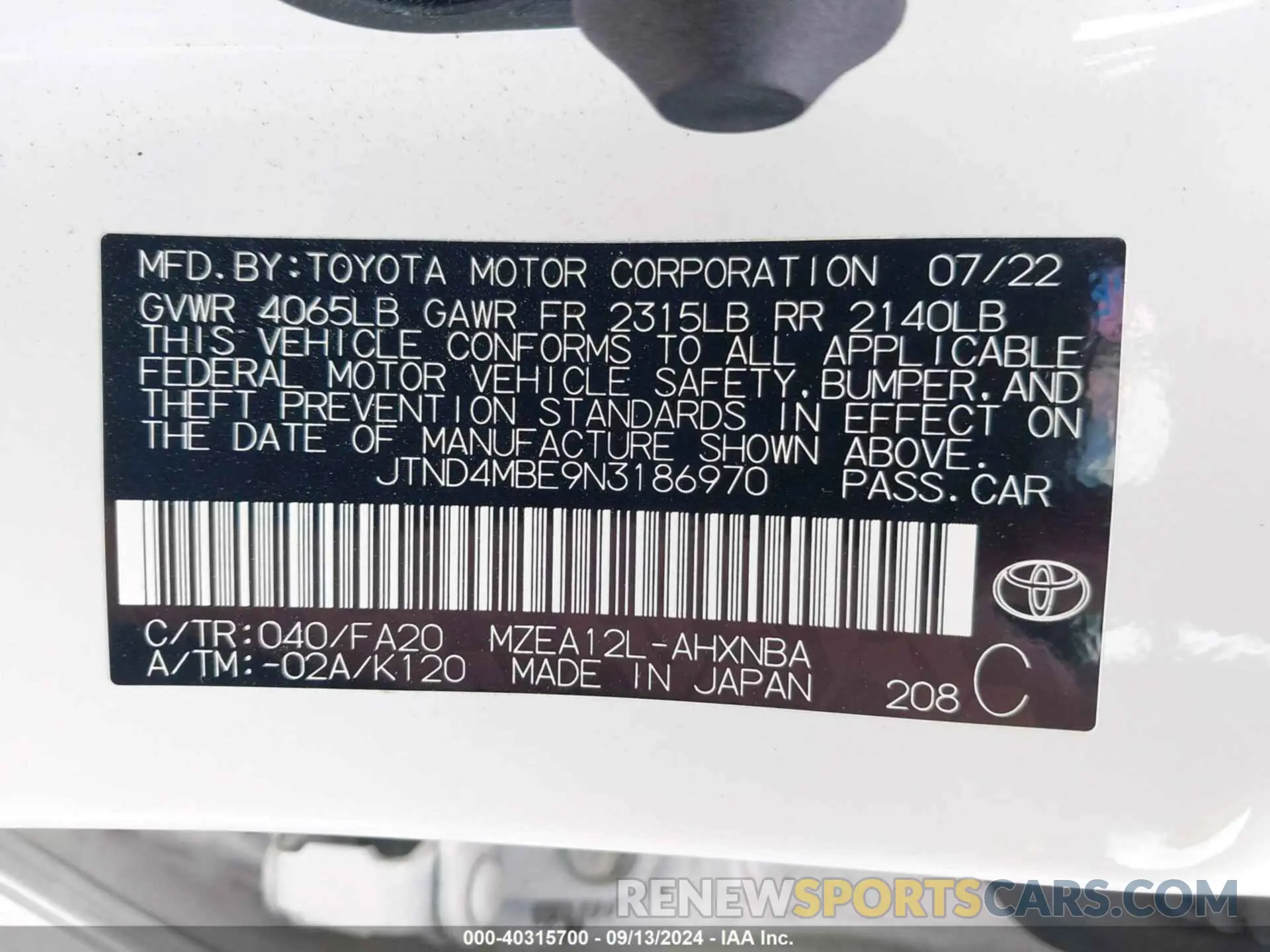 9 fotografías del automóvil dañado JTND4MBE9N3186970 TOYOTA COROLLA 2022