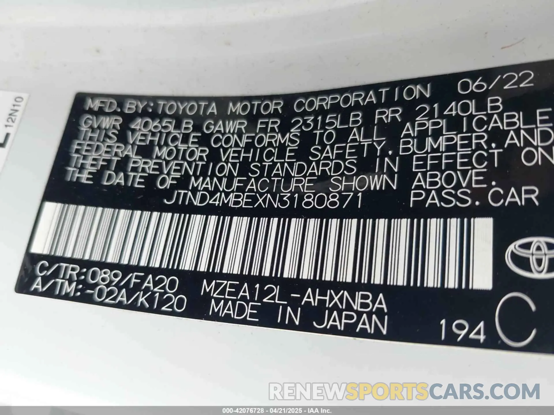 9 fotografías del automóvil dañado JTND4MBEXN3180871 TOYOTA COROLLA 2022