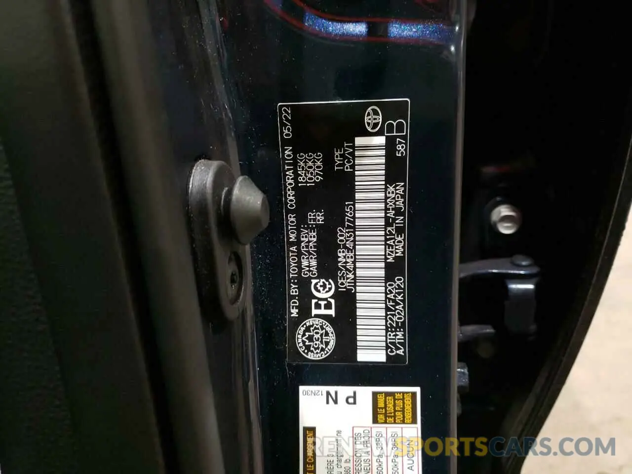 12 fotografías del automóvil dañado JTNK4MBE4N3177651 TOYOTA COROLLA 2022