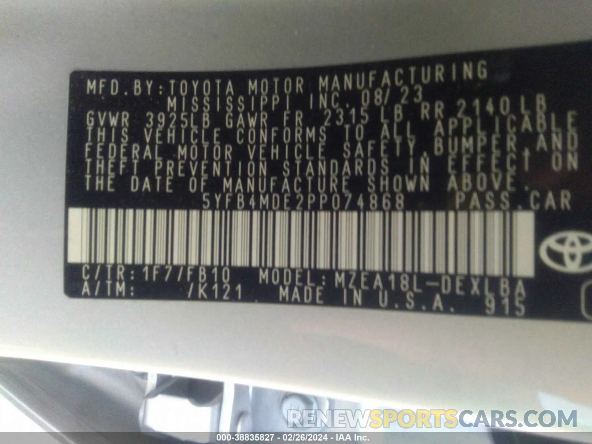 9 fotografías del automóvil dañado 5YFB4MDE2PP074868 TOYOTA COROLLA 2023