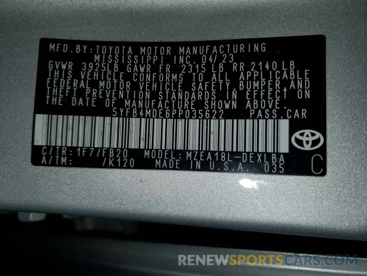 12 fotografías del automóvil dañado 5YFB4MDE6PP035622 TOYOTA COROLLA 2023