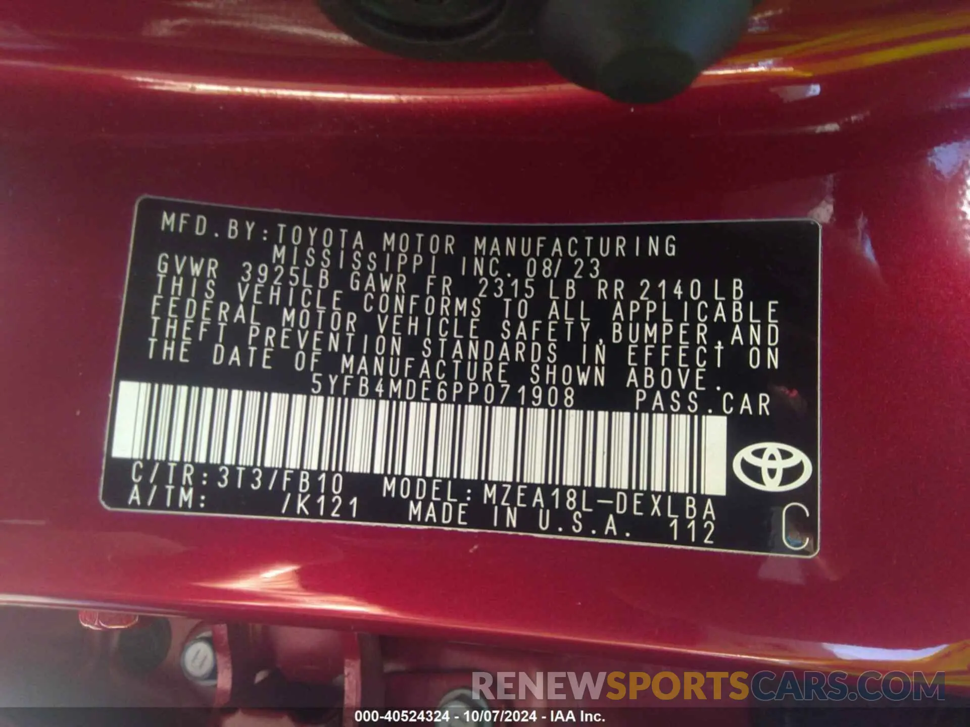 9 fotografías del automóvil dañado 5YFB4MDE6PP071908 TOYOTA COROLLA 2023