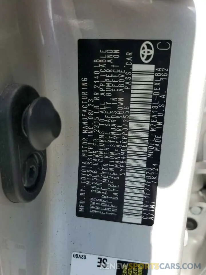 12 fotografías del automóvil dañado 5YFB4MDE6PP072556 TOYOTA COROLLA 2023