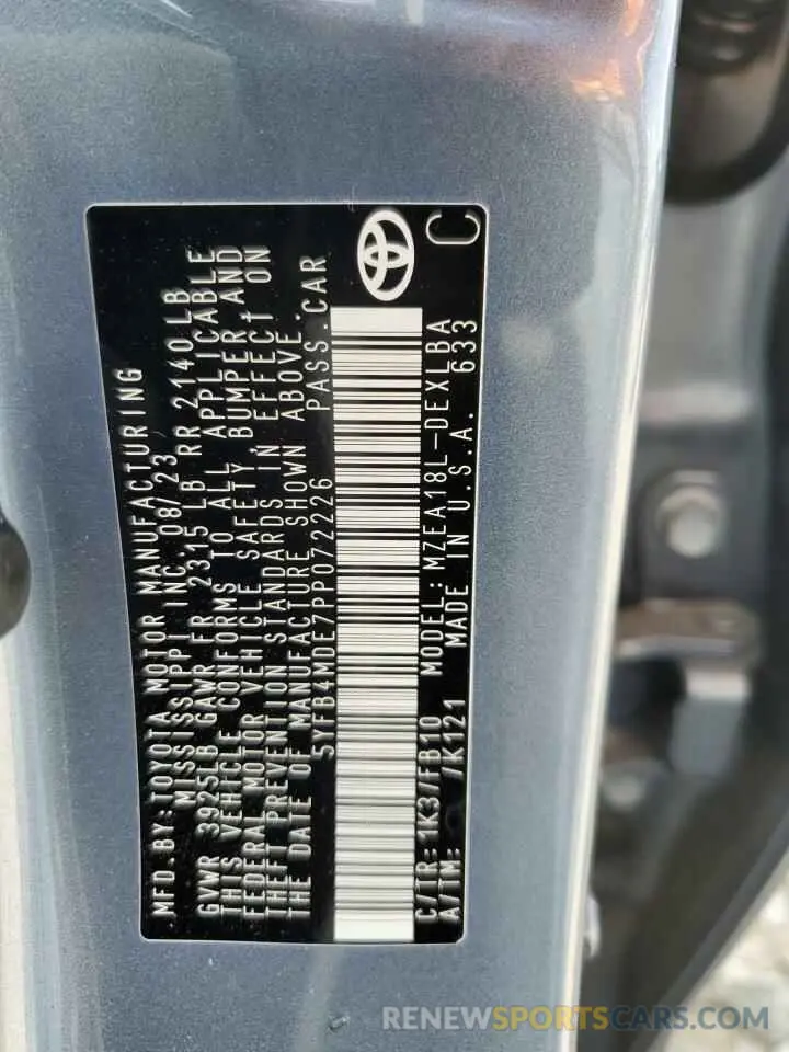 12 fotografías del automóvil dañado 5YFB4MDE7PP072226 TOYOTA COROLLA 2023