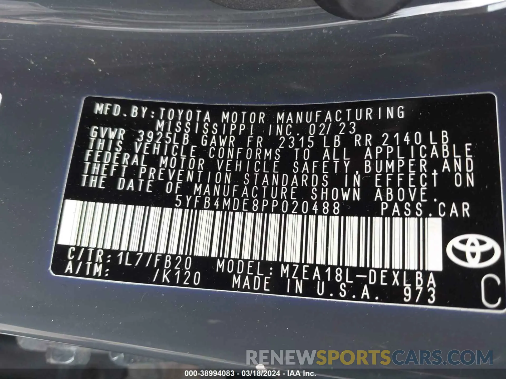 9 fotografías del automóvil dañado 5YFB4MDE8PP020488 TOYOTA COROLLA 2023
