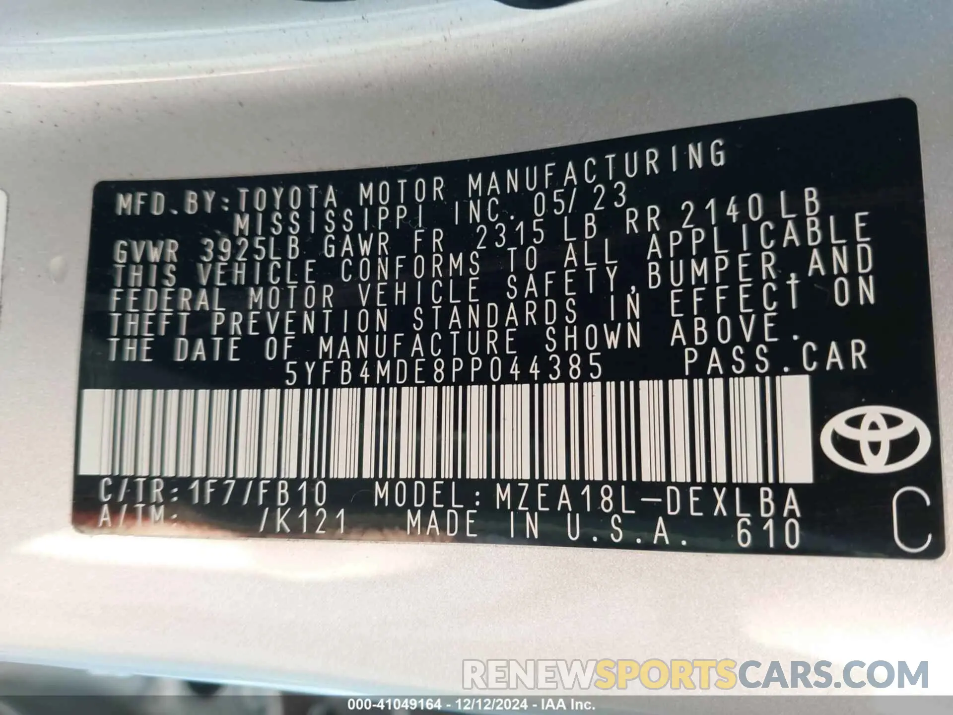 9 fotografías del automóvil dañado 5YFB4MDE8PP044385 TOYOTA COROLLA 2023