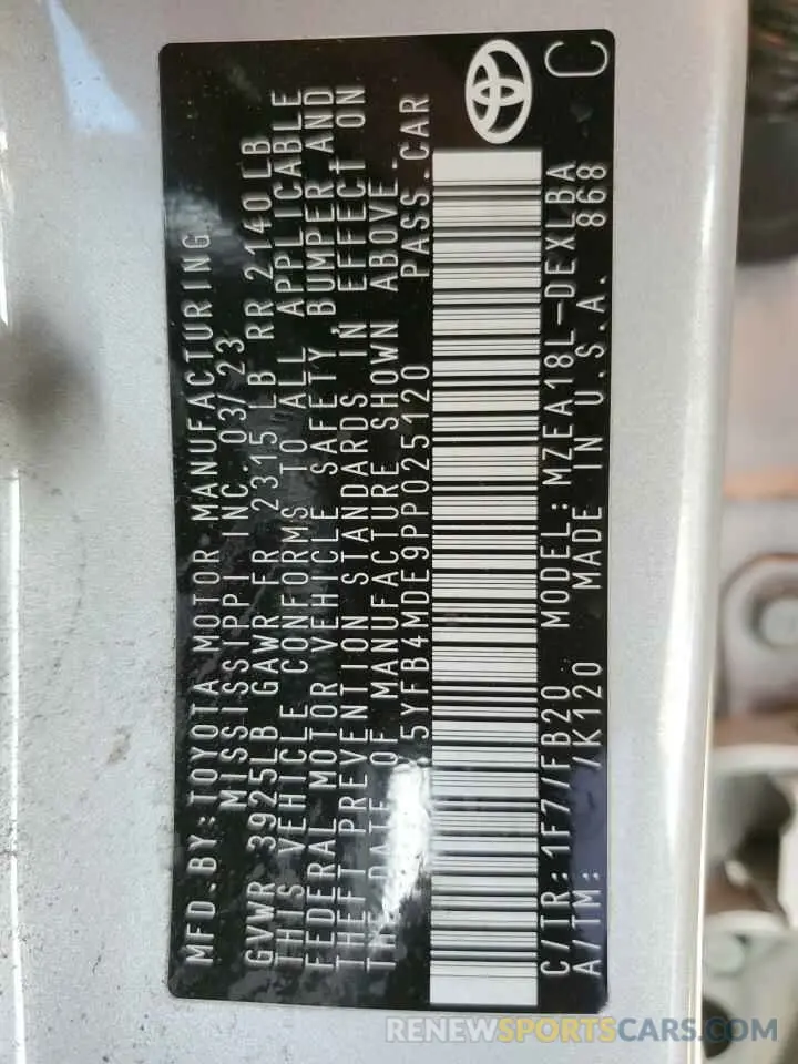 12 fotografías del automóvil dañado 5YFB4MDE9PP025120 TOYOTA COROLLA 2023