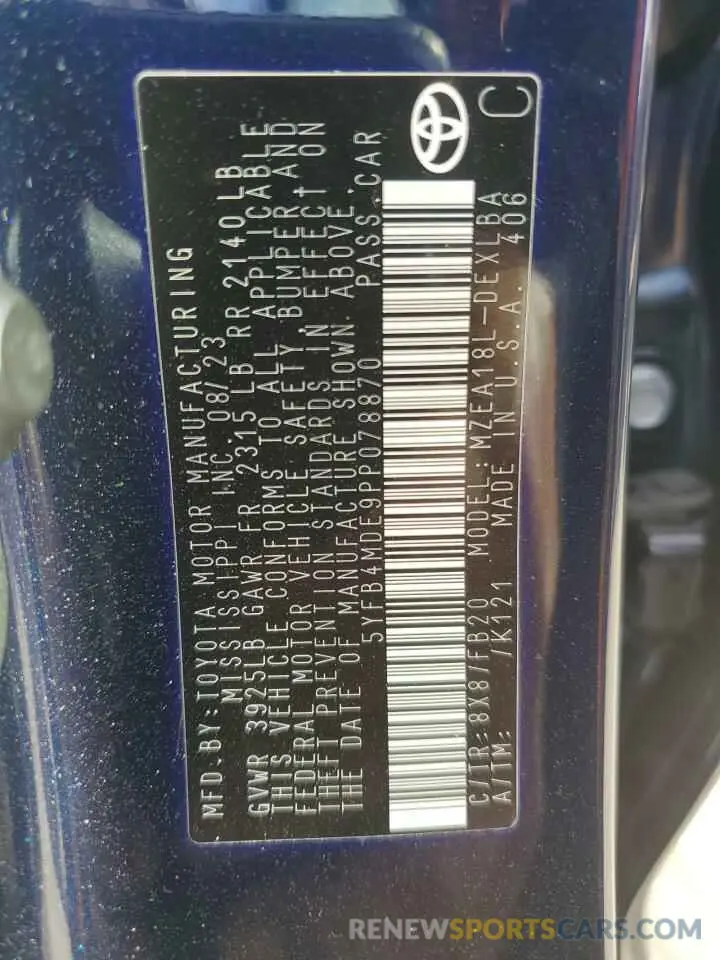 13 fotografías del automóvil dañado 5YFB4MDE9PP078870 TOYOTA COROLLA 2023